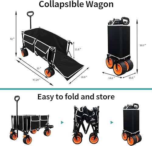 Miniatura 6 de Carrito de playa con ruedas grandes, plegable de gran capacidad, plegable, resistente, con portón trasero extensible, dos cuerdas elásticas para