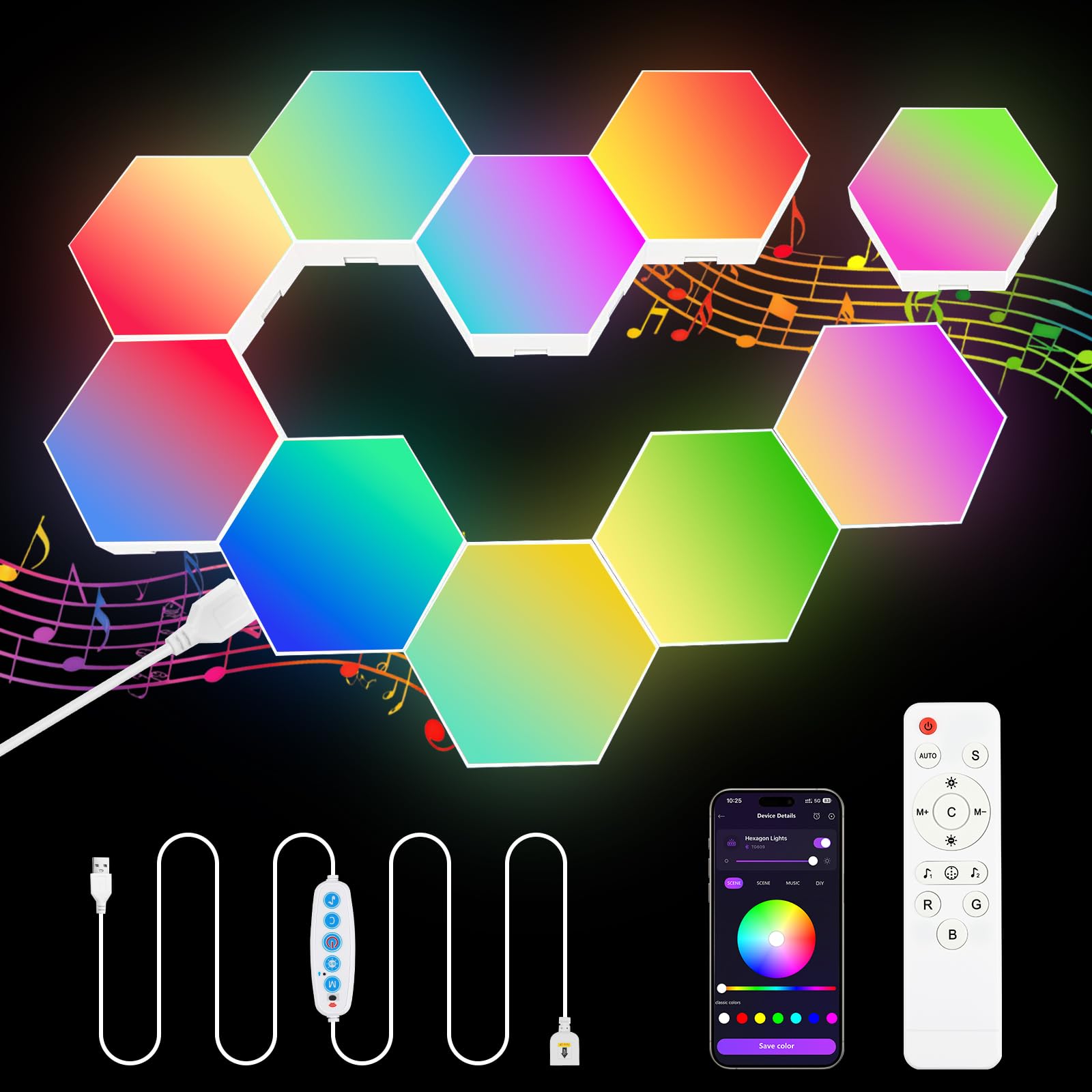 vsshe Hex Wall Light, 10 Pack Smart Hexagon LED Lights, RGB Gaming Light Panel, with App and Remote Control, Geometry Night Lamp Sync to Music for Room Bar Decor Gaming Setup, Kids and Adults