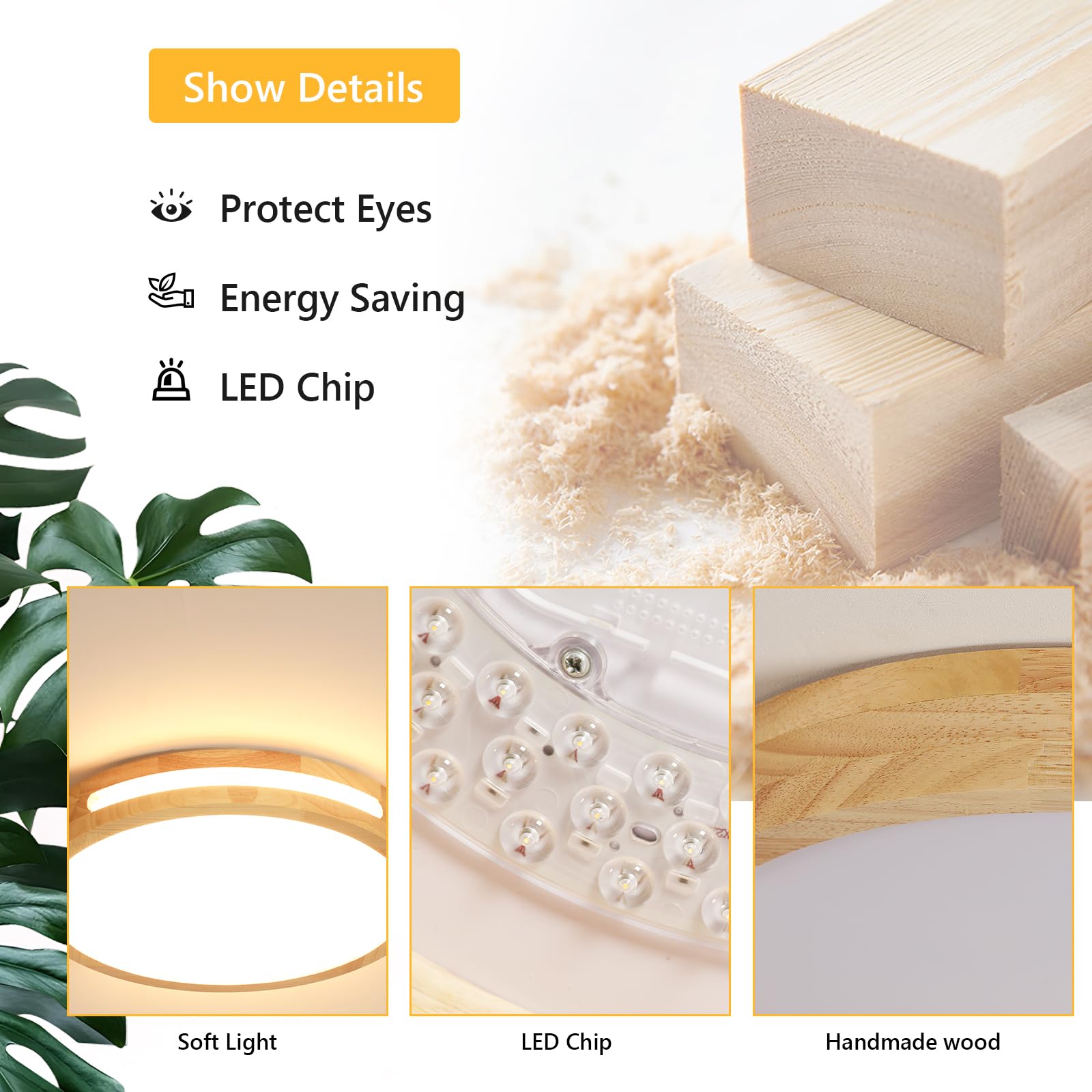 Riserva Lámpara de Techo LED Madera 64W, Regulable, 3000K-6500K, 40cm | Plafon LED Techo Redondo con Mando para Dormitorio, Salón, Cocina, Comedor, Balcón, Pasillo