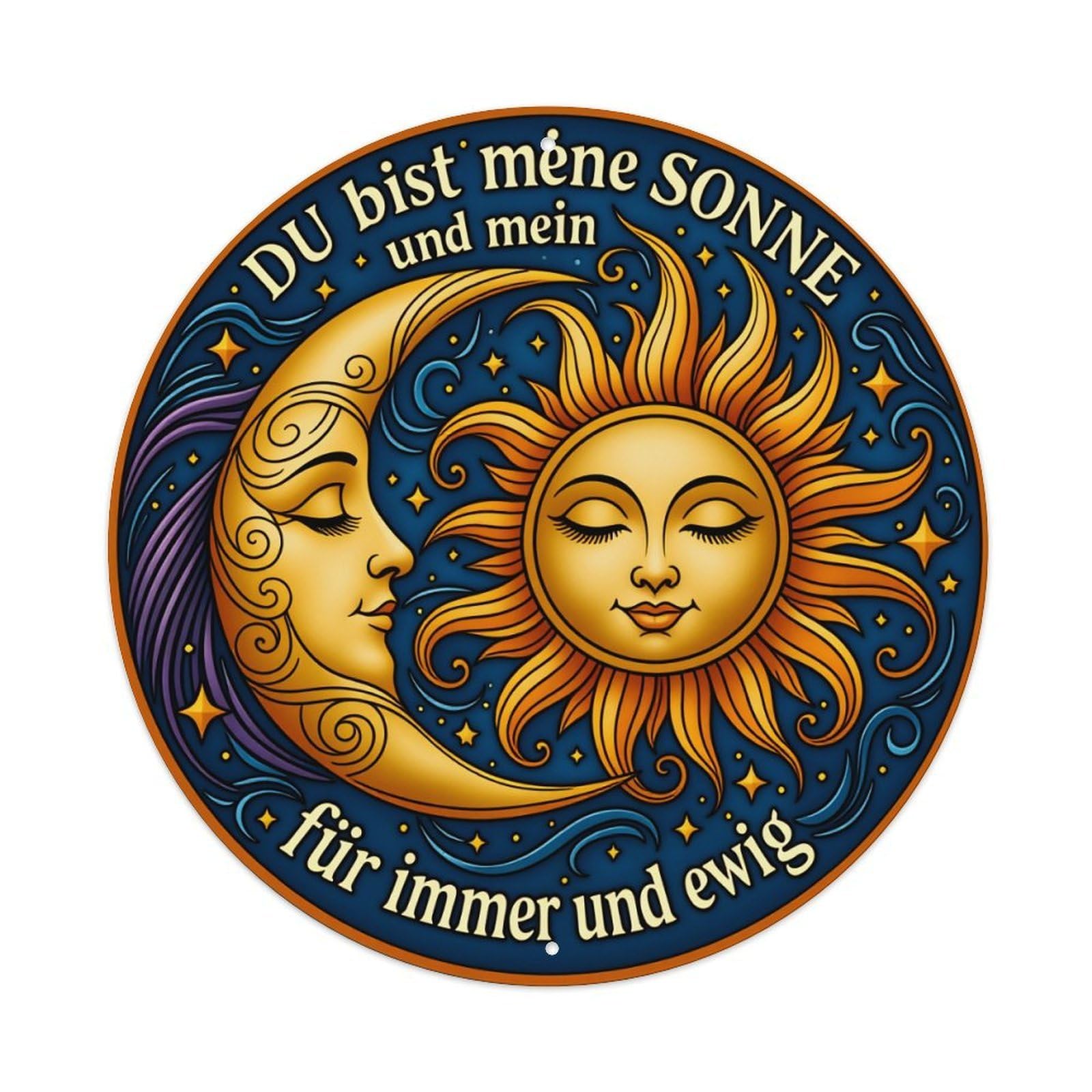 Sun And Moon Embrace Stars Round Tin Sign Vintage Metal Poster Retro Bar, Home, Man Cave, Kitchen, Laundry Room Wall Art Decor Gift 8x8Inch