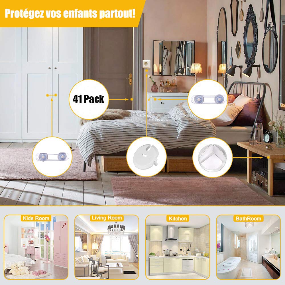 Kit Seguridad Bebe - Protector Enchufes para Bebés(20 Fundas + 5 Llaves)+12 x Bebé de Seguridad Bloqueo +8 x Protector de Seguridad para Niños