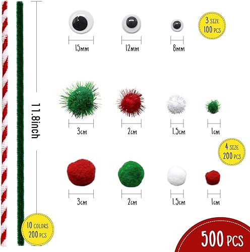 Miniatura 2 de CH HAICHENG Juego de 500 limpiadores de pipas de Navidad, incluye 200 limpiadores de tubos, 200 pompones, 100 piezas de ojos de googly