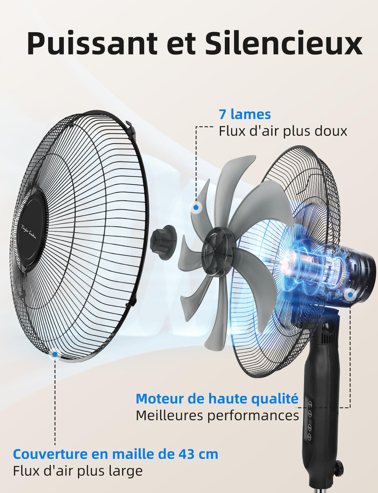 Taylor Swoden Ventilateur sur Pied avec Télécommande, Minuterie 9h, 50W Ventilateur Silencieux Puissant, 3 Modes/3 Vitesses, 7 Pales Oscillantes 70°, Hauteur Réglable 115-130cm