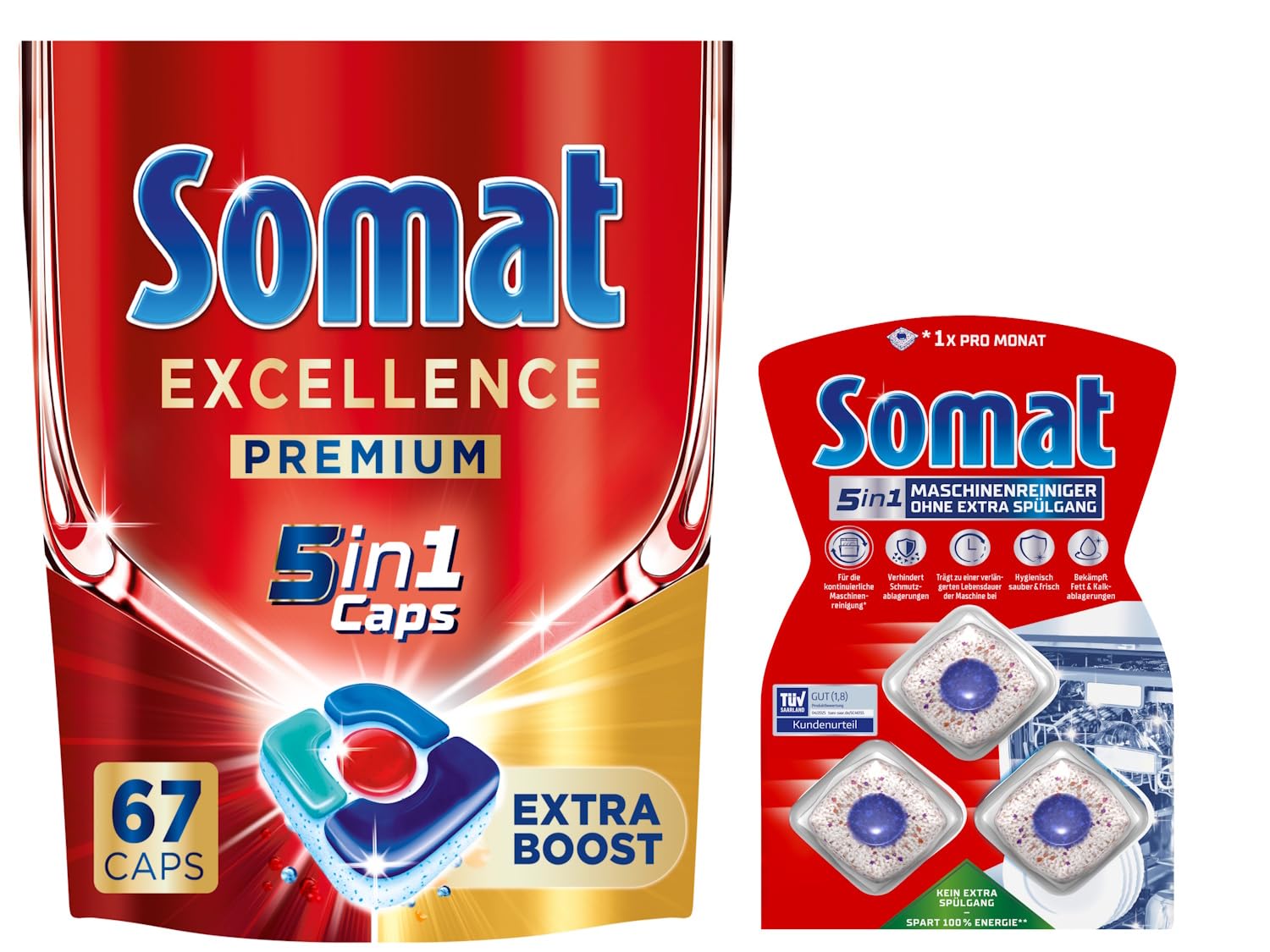 SOMAT 4in1 Caps 2x67 (134) AW Excellence, schnellauflösende Spülmaschinentabs mit Extra Boost, entfernen selbst hartnäckige + Somat Duo Power Experten 3 AW Maschinenreiniger 57g
