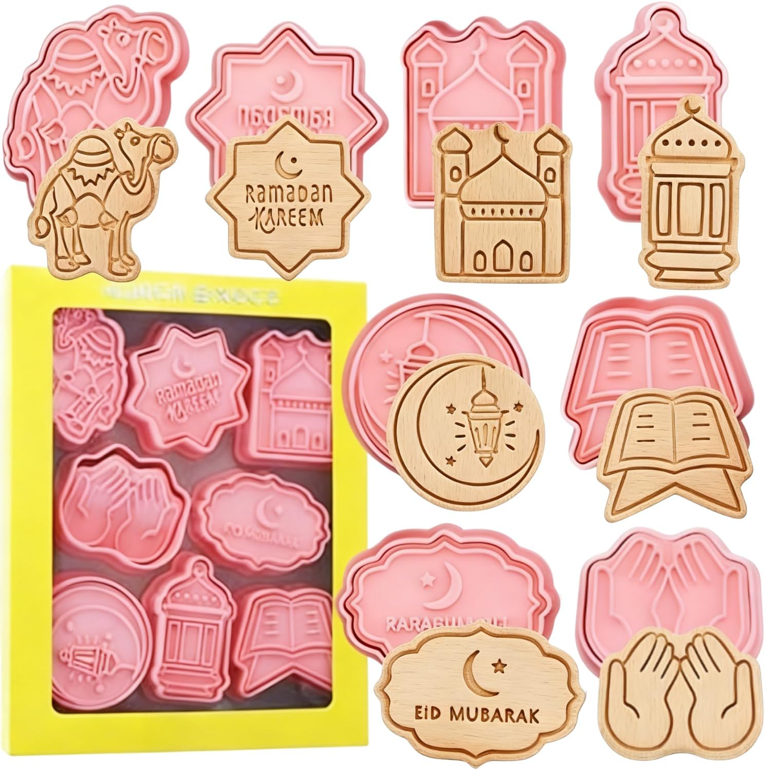 Crethinkaty Eid Mubarak Cookie Cutters-8 Pieces Pressable Eid Mubarak Biscuit Cutters Set-3D Eid Element Cookie Stamps.