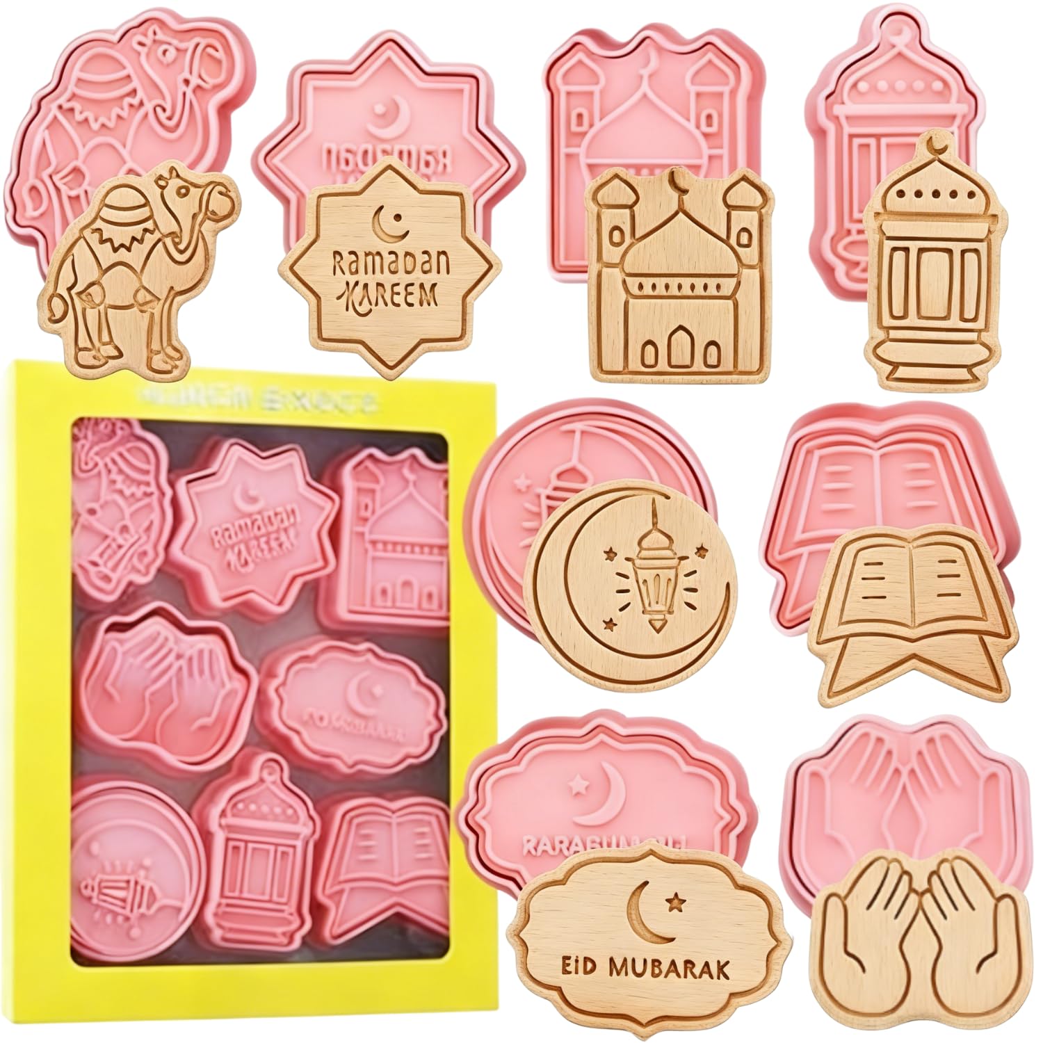 Eid Mubarak Cookie Cutters-8 Pieces Pressable Eid Mubarak Biscuit Cutters Set-3D Eid Element Cookie Stamps.