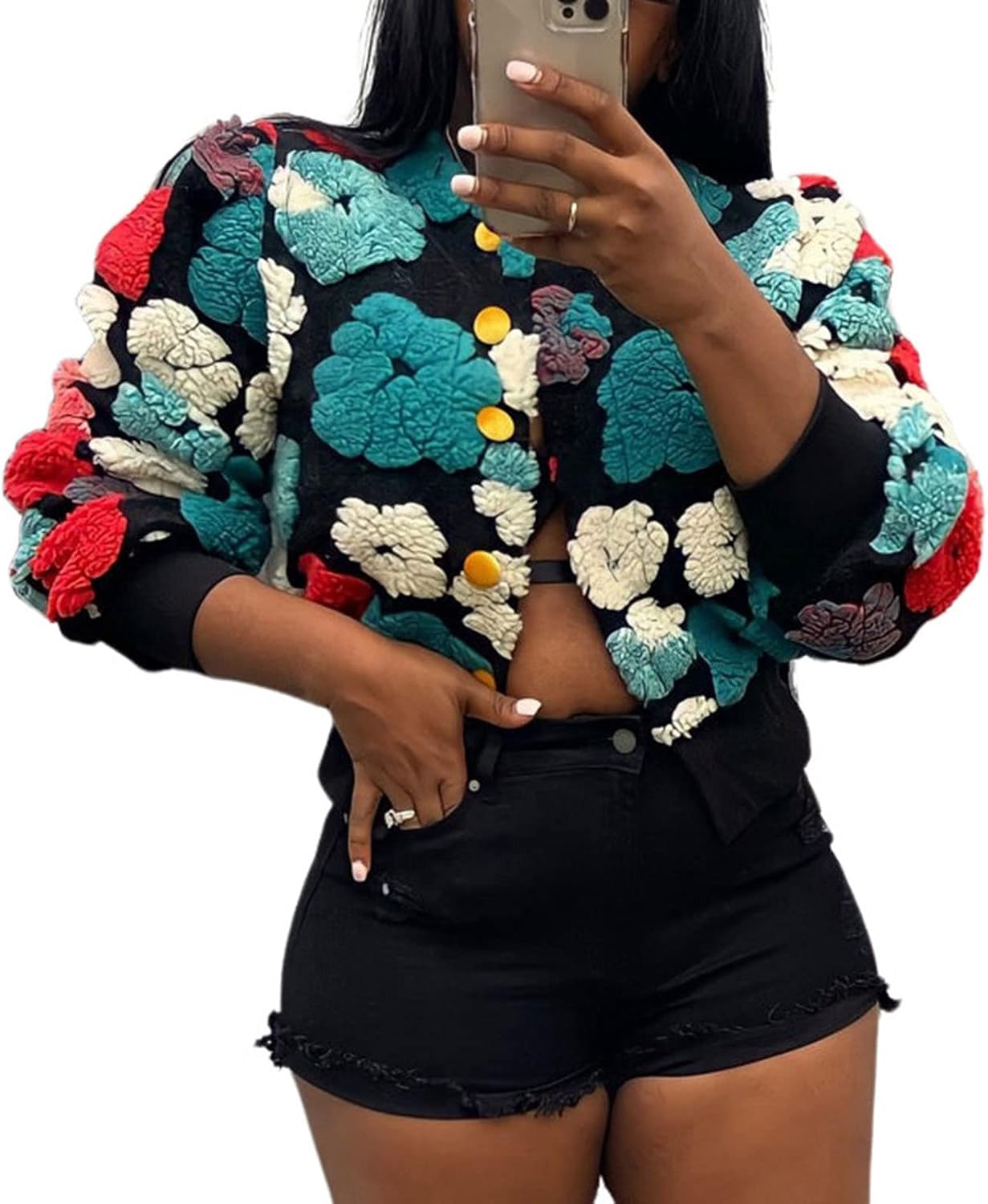 KANSOON Bomber Jacket Women Cropped Floral Button Down Varsity Jacket Long Sleeve Casual Streetwear Fall Winter Warm Coat
