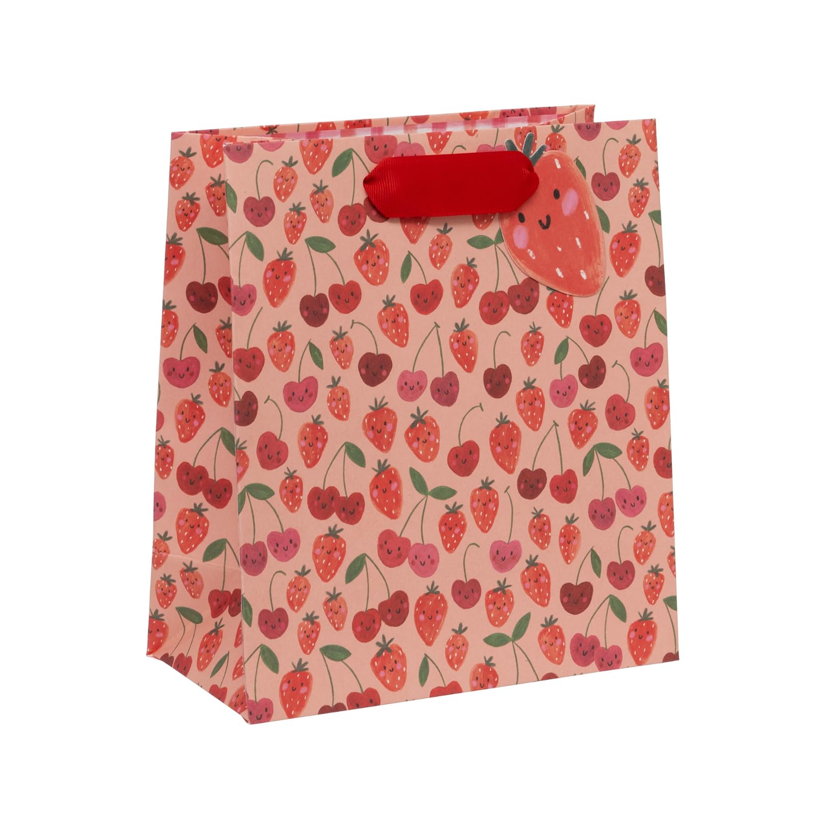 Glick Medium Gift Bag, Cherry Strawberries, 225 x 200 x 100 mm, Luxury Recyclable Bag for Birthdays & Celebrations, Pink & Red