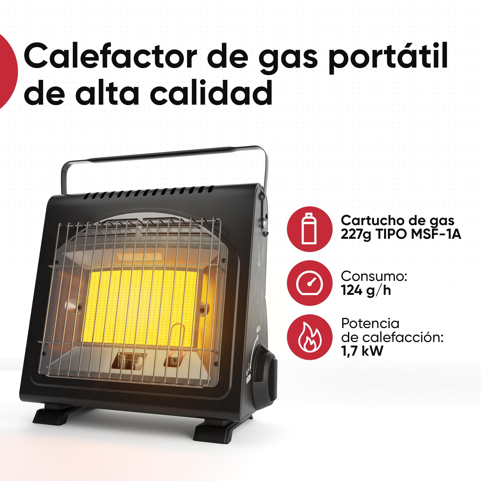 EVOCAMP mini calefactor de gas butano, calefactor portátil para camping de 1,7 kW, calefacción de gas de cerámica para uso en exteriores con sensor de agotamiento de oxígeno (ODS)