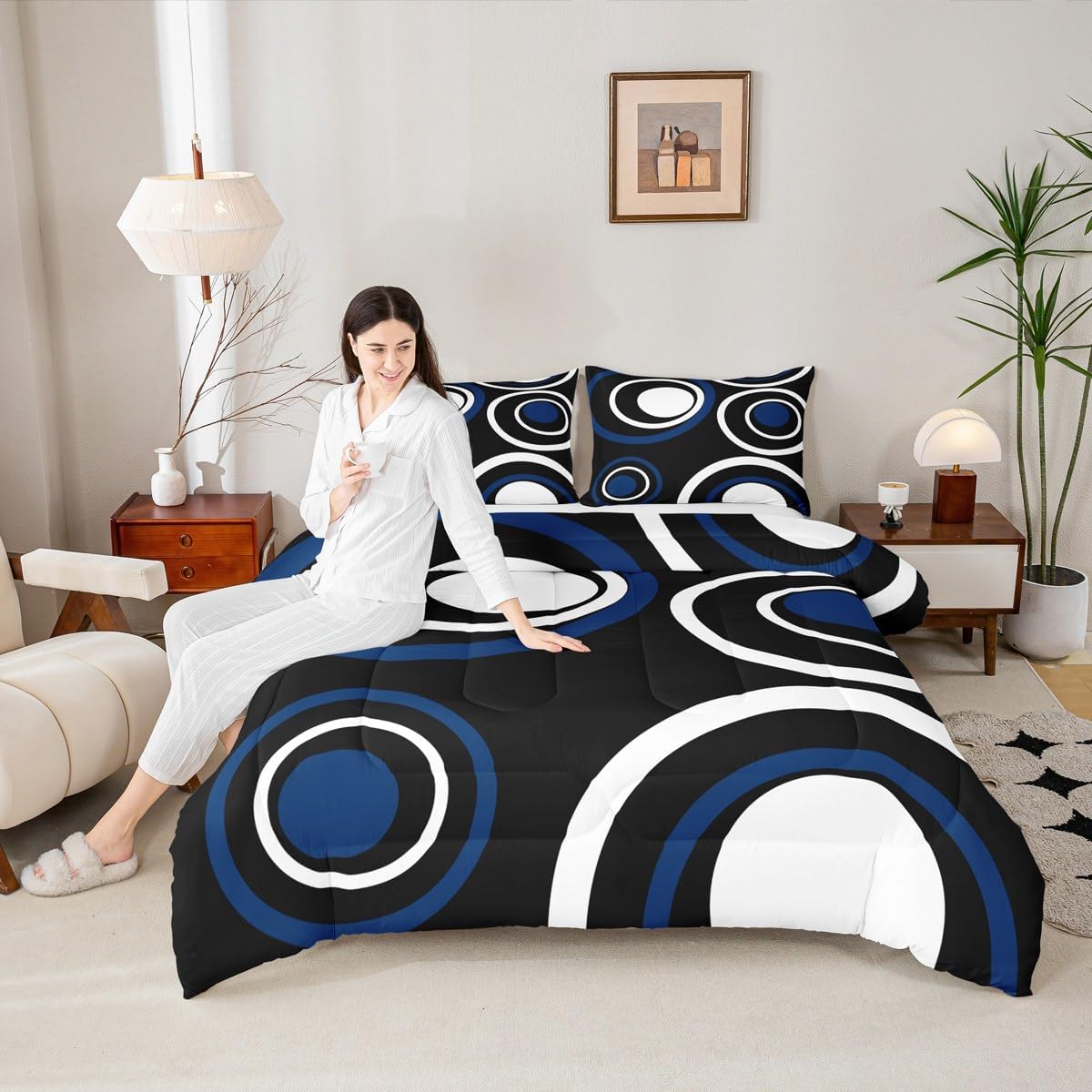 Erosebridal Black Blue Vortex Queen Comforter Set for Adult Women Men Chic Geometric Abstract Mens Bedding Set Striped Aesthetic Circles Bed Set Boho Modern Quilt Set - Image 3
