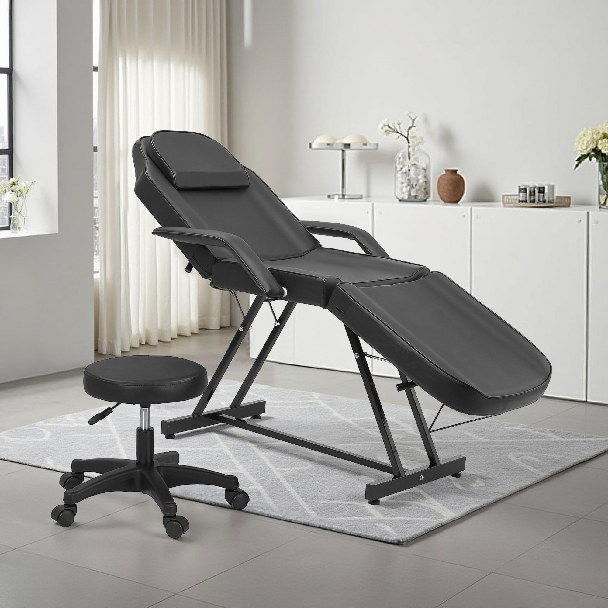 Massage Liege mit Hocker, Verstellbarer Kosmetikstuhl mit hydraulischer Höhenverstellung, Rückenlehne & Beinauflage, Profi Massageliege für Tattoo, Wimpern, Kosmetikstudio, Schwarz