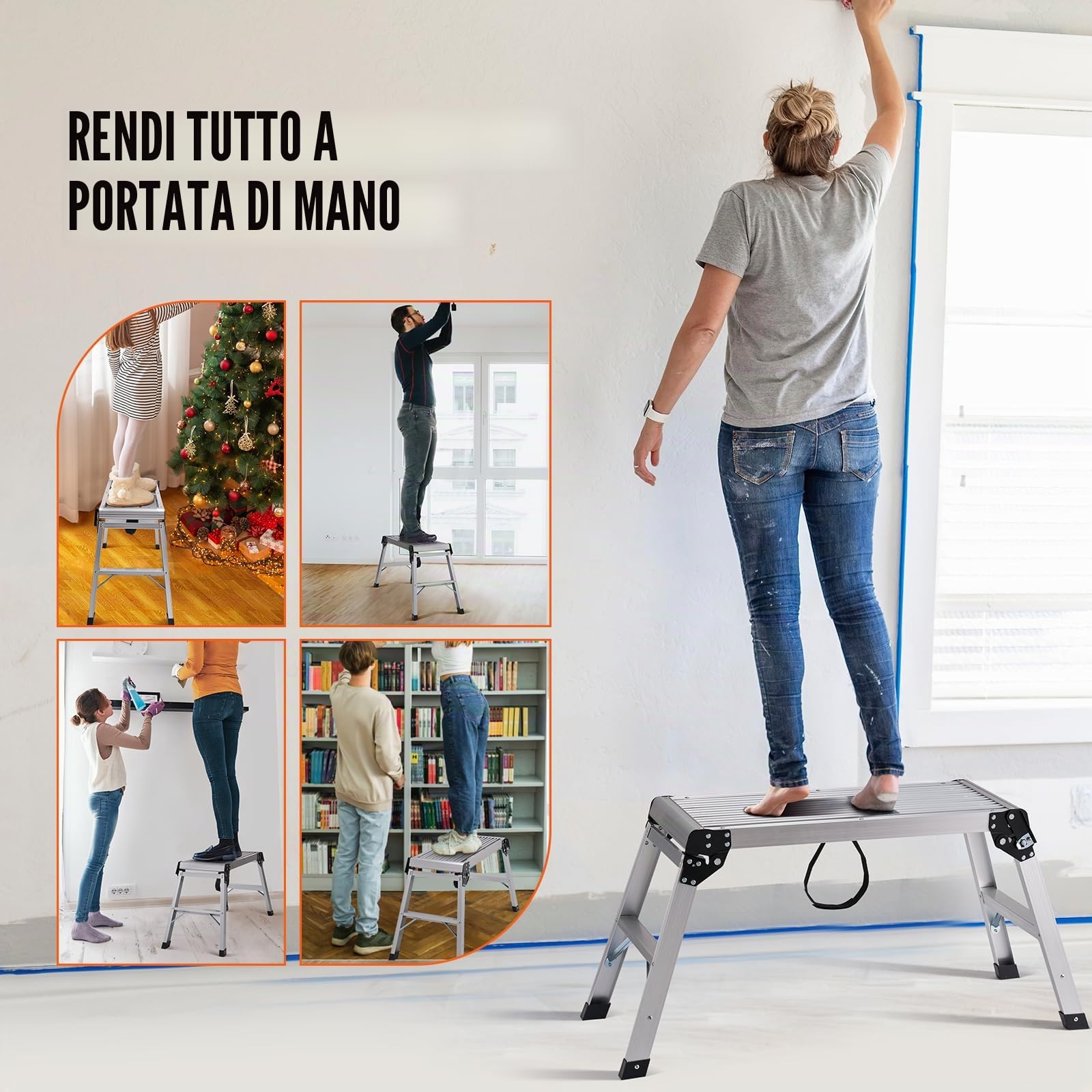 VEVOR Piattaforma da Lavoro in Alluminio Pieghevole Portatile Carico Max. 150 kg Uso Interno Esterno,Sgabello da Lavoro Basso in Alluminio Pieghevole 50,8 x 76 x 30 cm, Argento