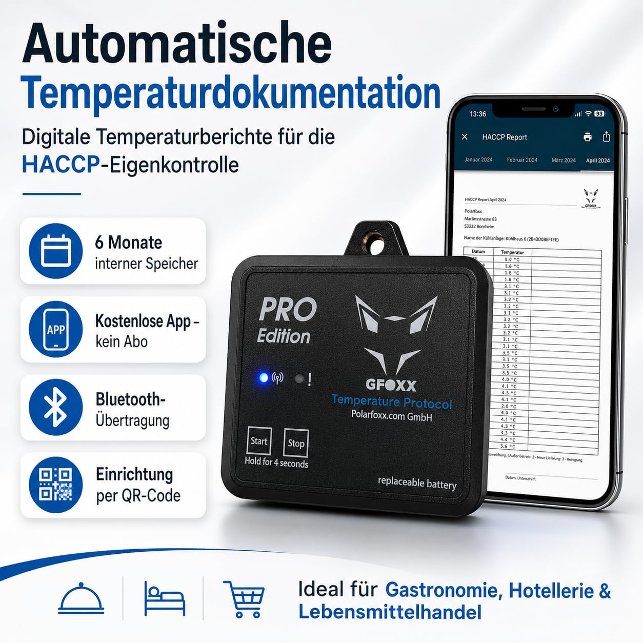 Bluetooth-Thermometer Pro Edition HACCP IP67 App-gesteuert für Kühl- & Tiefkühlbereiche