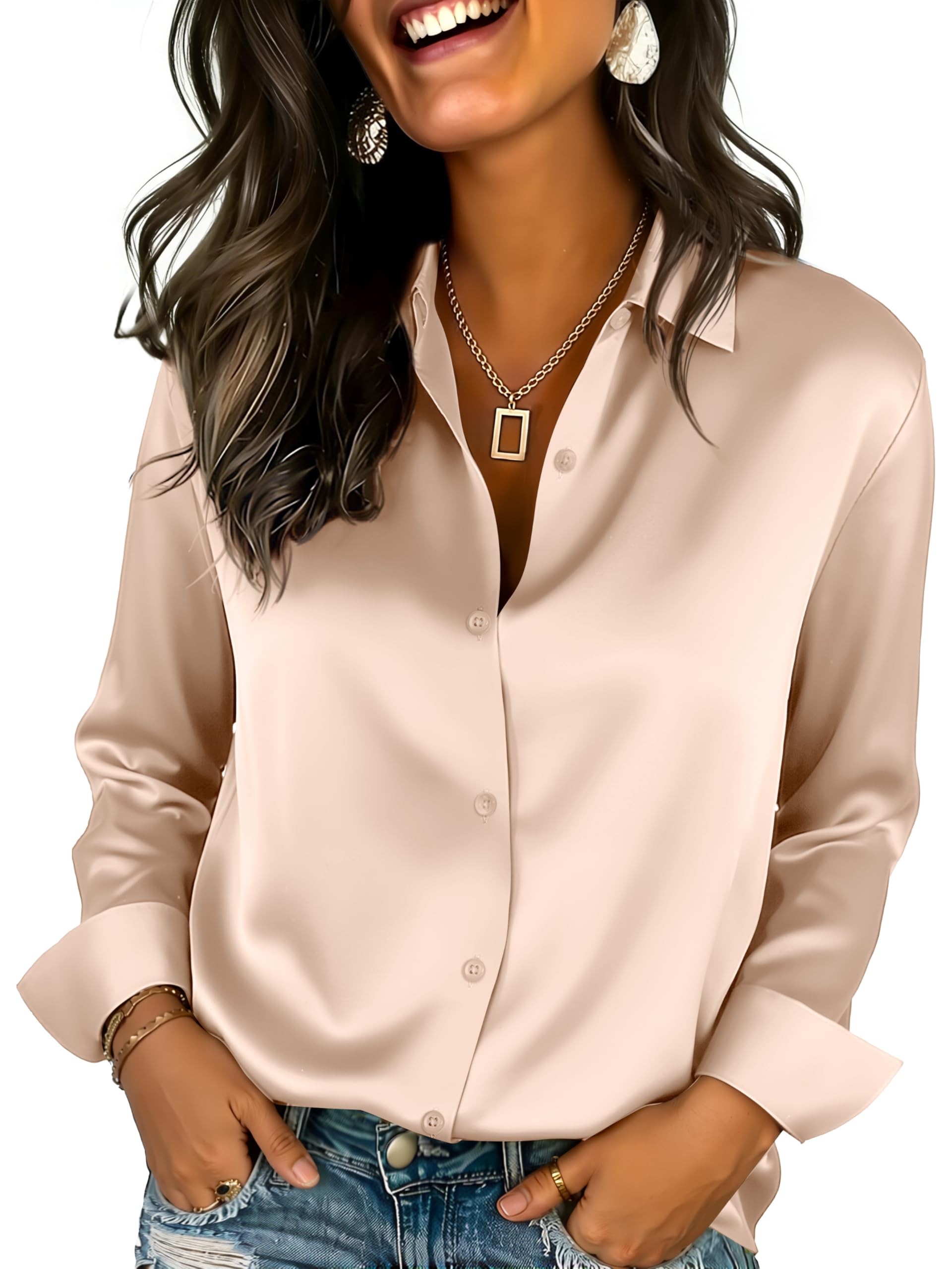 Womens Satin Silk Button Down Shirts Long Sleeve Blouse Casual Work Office Tops