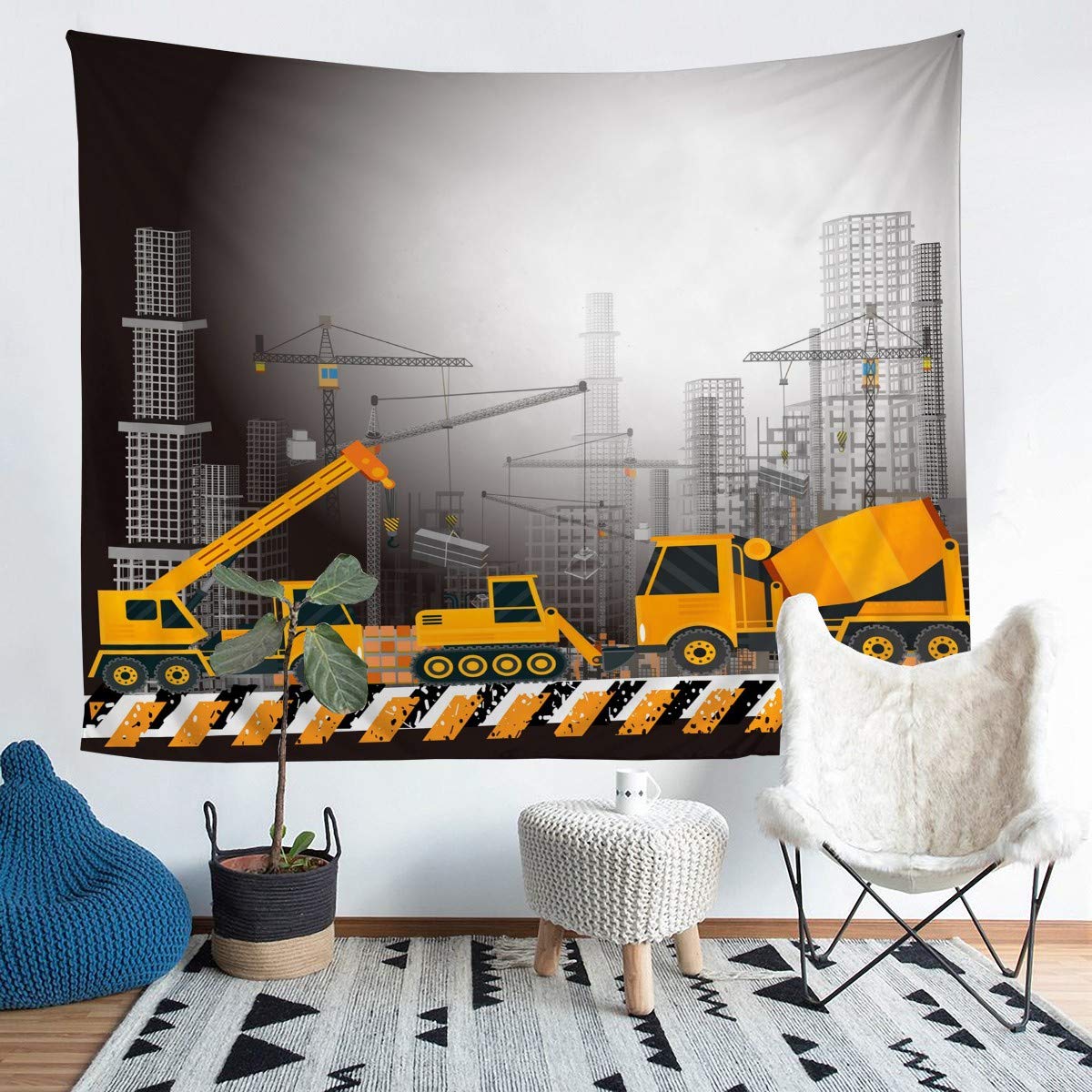 Excavator Tapestry Cartoon Construction Car Tapestry Wall Hanging for Kids Boys Girls Machinery Cars Print Wall Tapestry Heavy Vehicles Decor Wall Art for Bedroom Living Room,Large 58x79 Inch