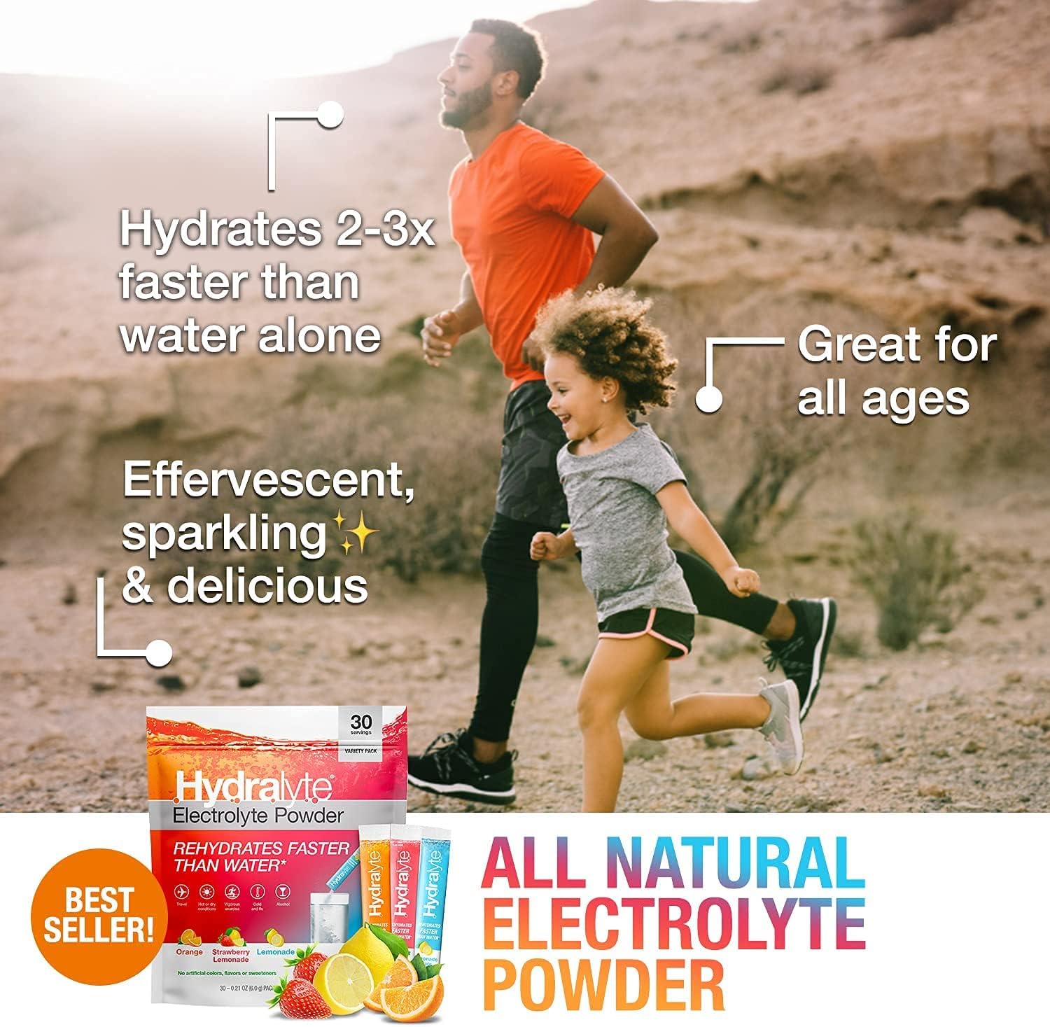 Hydralyte Electrolyte Hydration Powder Packets | Electrolyte Supplement Drink for Workout, Illness & Recovery | All Natural Strawberry Lemonade, Orange & Lemonade, 30 ct : Health & Household