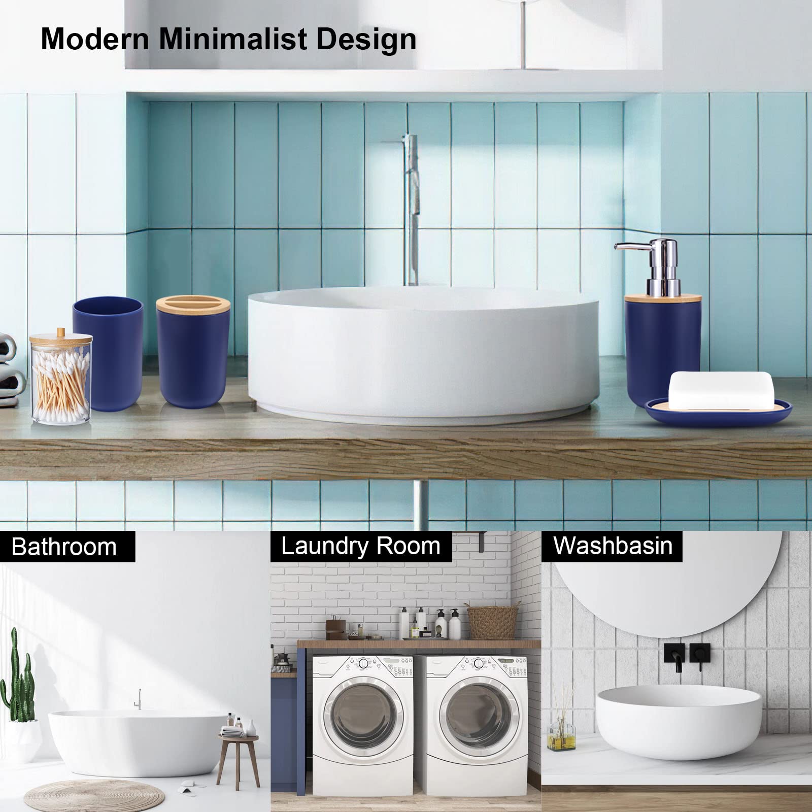 SLDIYWOW - Accesorios de baño azules, 9 accesorios de baño azul marino con cubo de basura, bandeja, dispensador de jabón, soporte para cepillos de dientes, vaso para cepillos de dientes, jabonera
