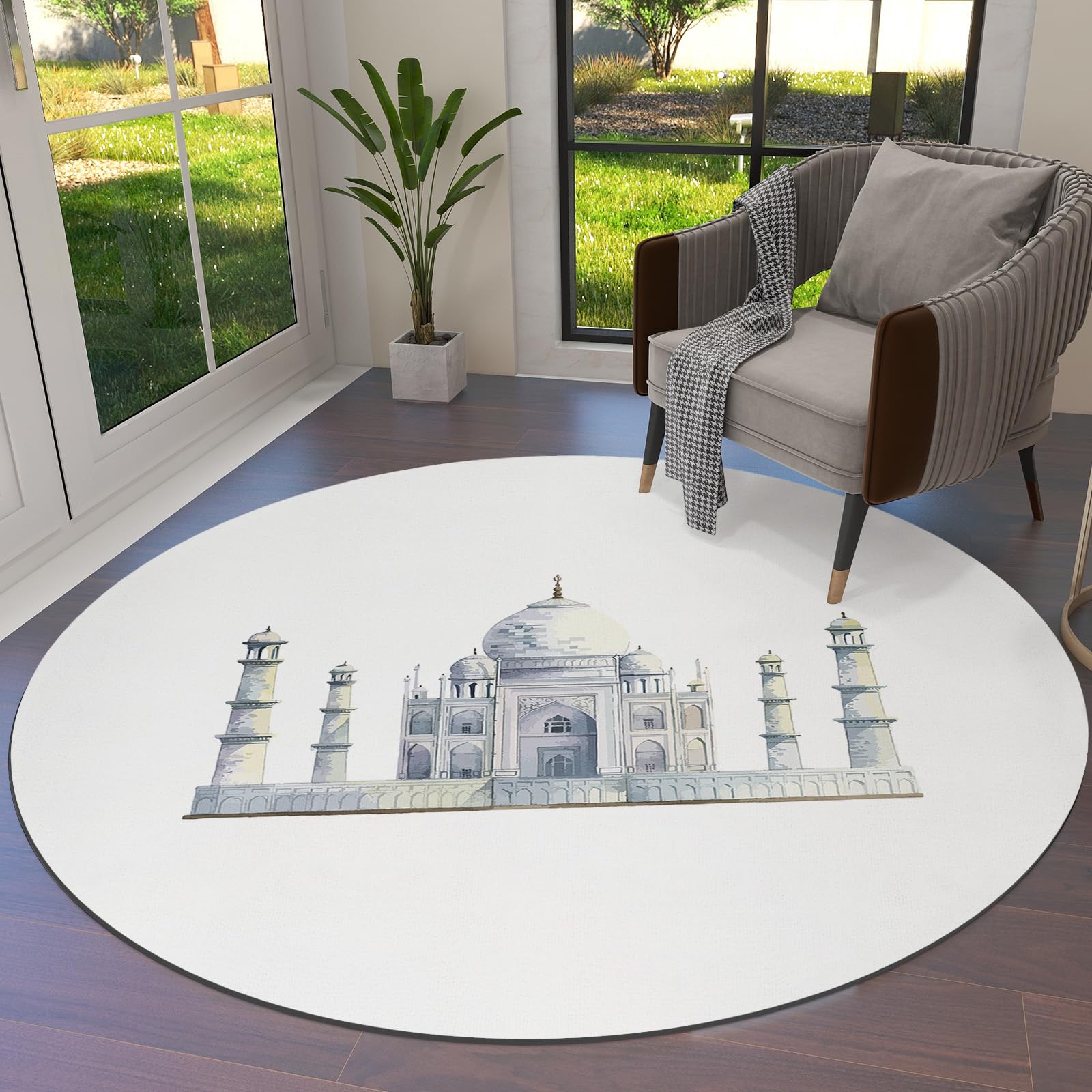 Round Area Rug 4ft Taj Mahal White Floor Carpets Washable Indoor Soft Stain-Proof Mat Non-Skid Circle Rugs for Living Dining Room Kitchen Bedroom Entryway Sofa Throw Carpet