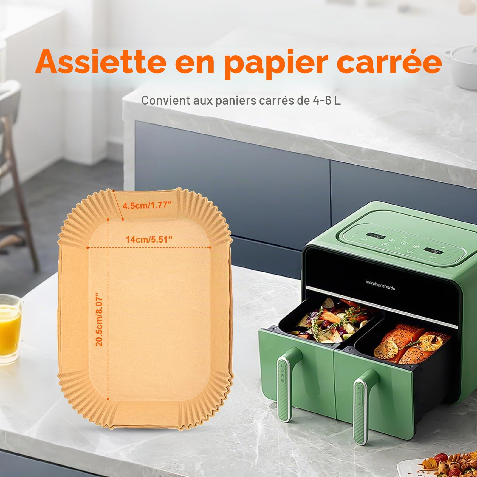 GRIFEMA Papier Air Fryer Rectangulaire 20,5 x 14 cm 100 Pièces Compatible Ninja Dual Zone AF300UK AF400UK Antiadhésif Jetable Sans BPA