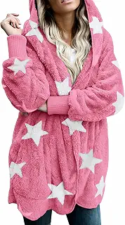 Womens Thickened Overcoat Plus Size Star Printed Winter Open Front Faux Fur-Fuzzy Hoodie Outwear Coat with Side Pockets (Hot Pink, S)