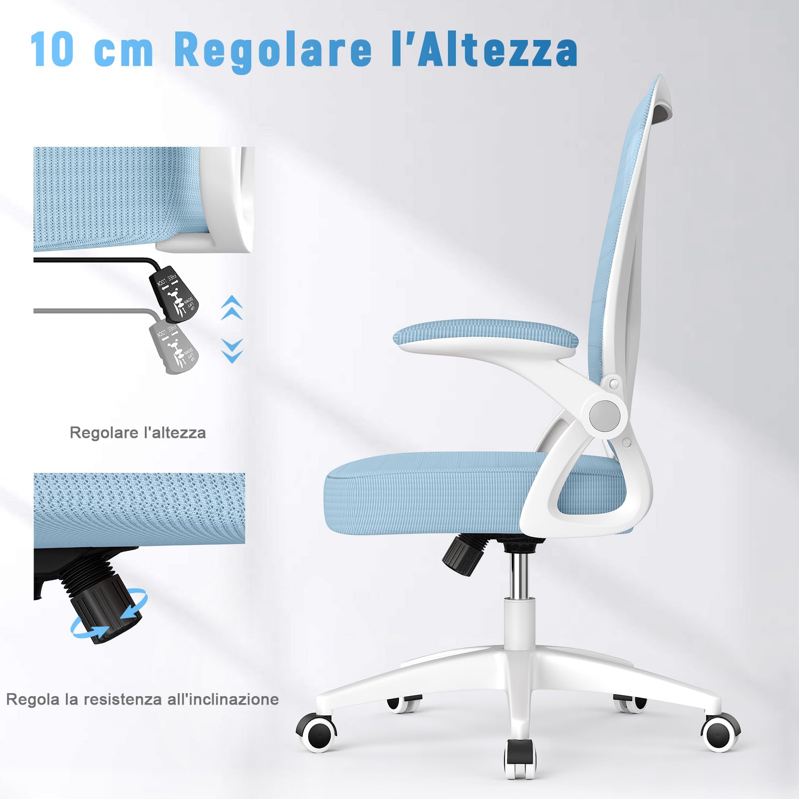 rattantree Sedia da Ufficio con Supporto Lombare, Sedia Ufficio Ergonomica con Braccioli Regolabili in Rete Traspirante, Altezza Regolabile e Schienale Inclinabile con Ruote Girevoli, Blu