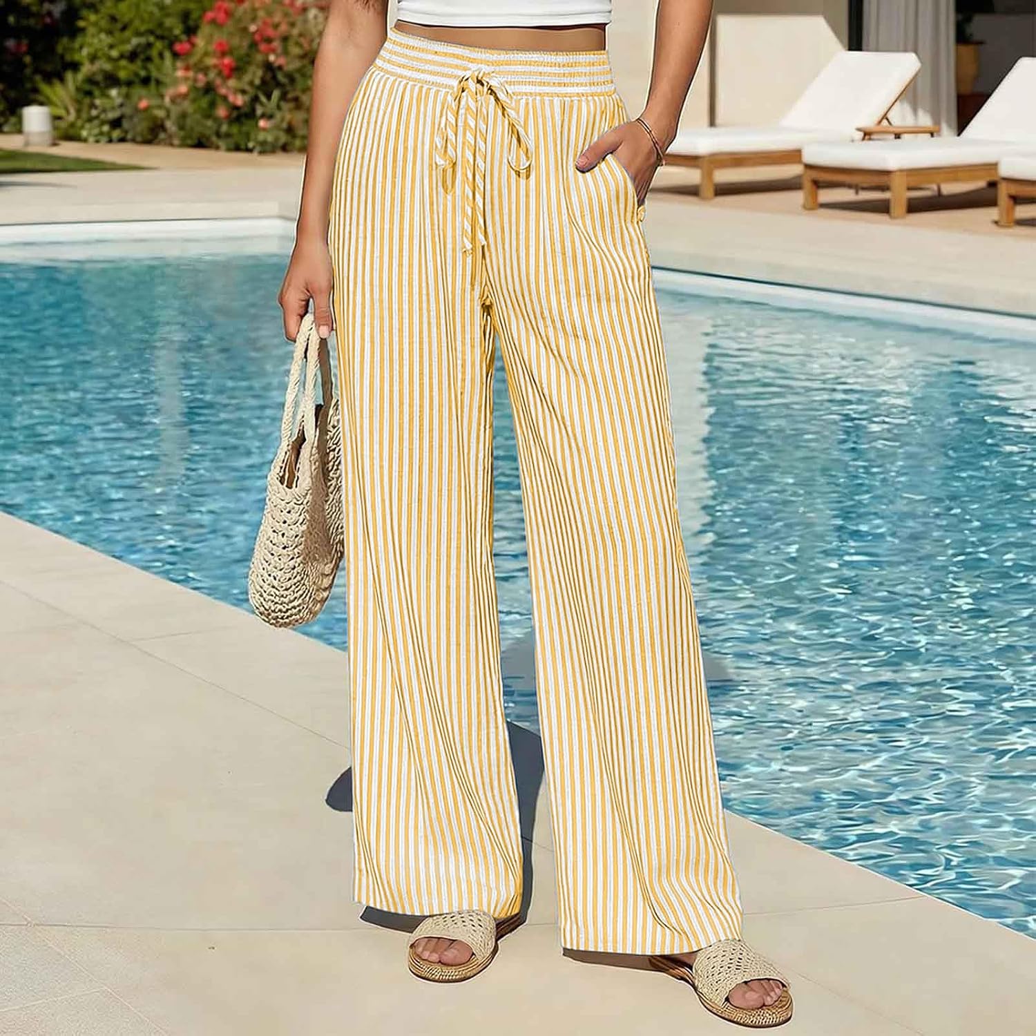 Wide Leg Striped Pants for Women Casual Palazzo Elastic Waist Trousers with Pockets Summer Beach Vacation Pant