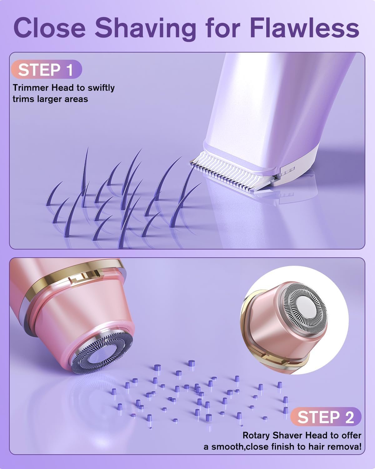 2 in 1 Electric Bikini Shaver for Women - 2025 Dual Head Bikini Trimmer for Women IPX7 Waterproof Wet & Dry Use Bikini Razor for Travel Rechargeable Electric Razor for Underarm Leg Arm,Purple - Image 3