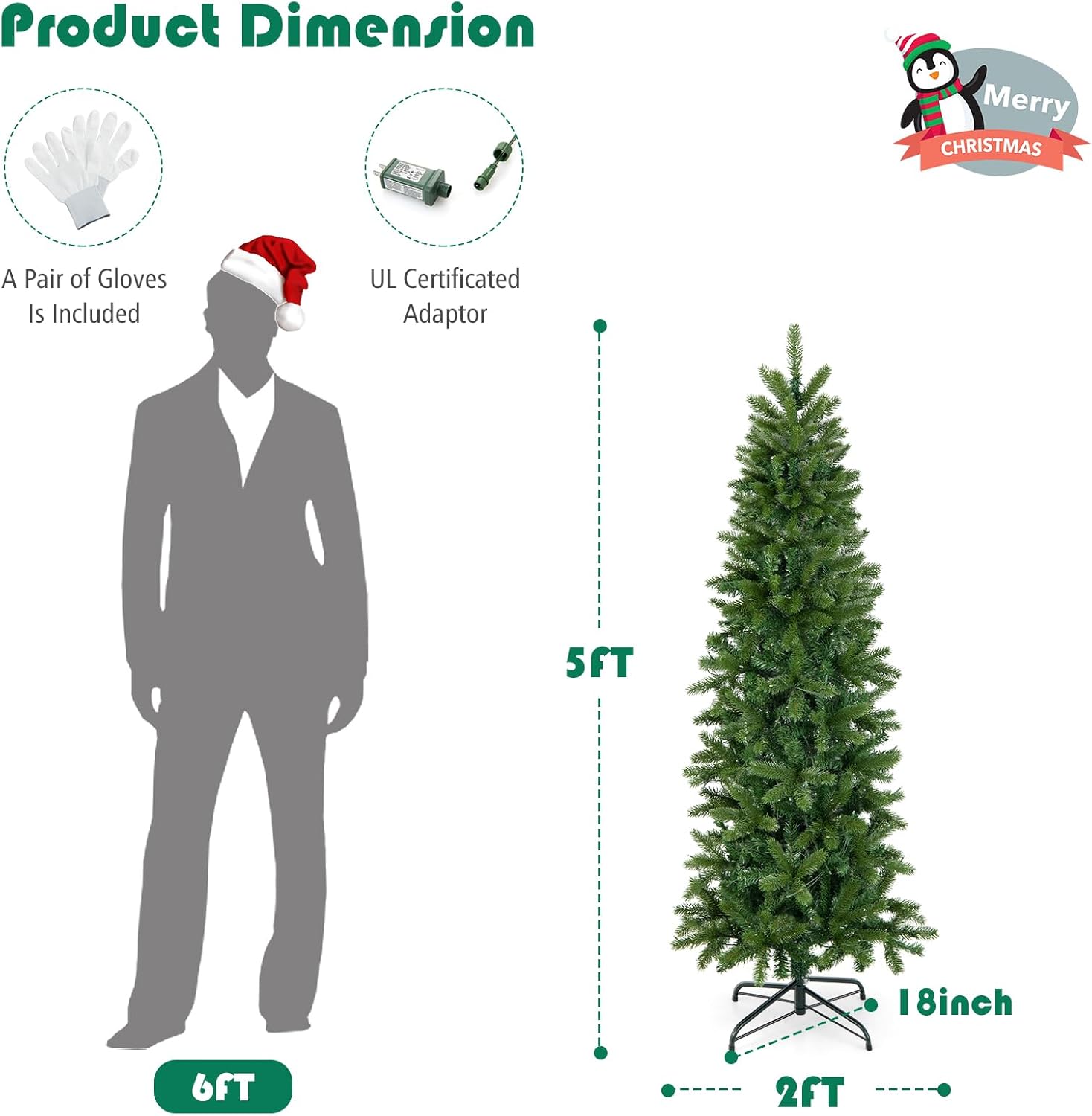 Goplus 5ft Pre-Lit Pencil Christmas Tree, Hinged Artificial Slim Tree with 390 PVC PE Branch Tips, 180 LED Lights, Life-Like Xmas Tree for Indoor Home Office Decor, Easy Setup