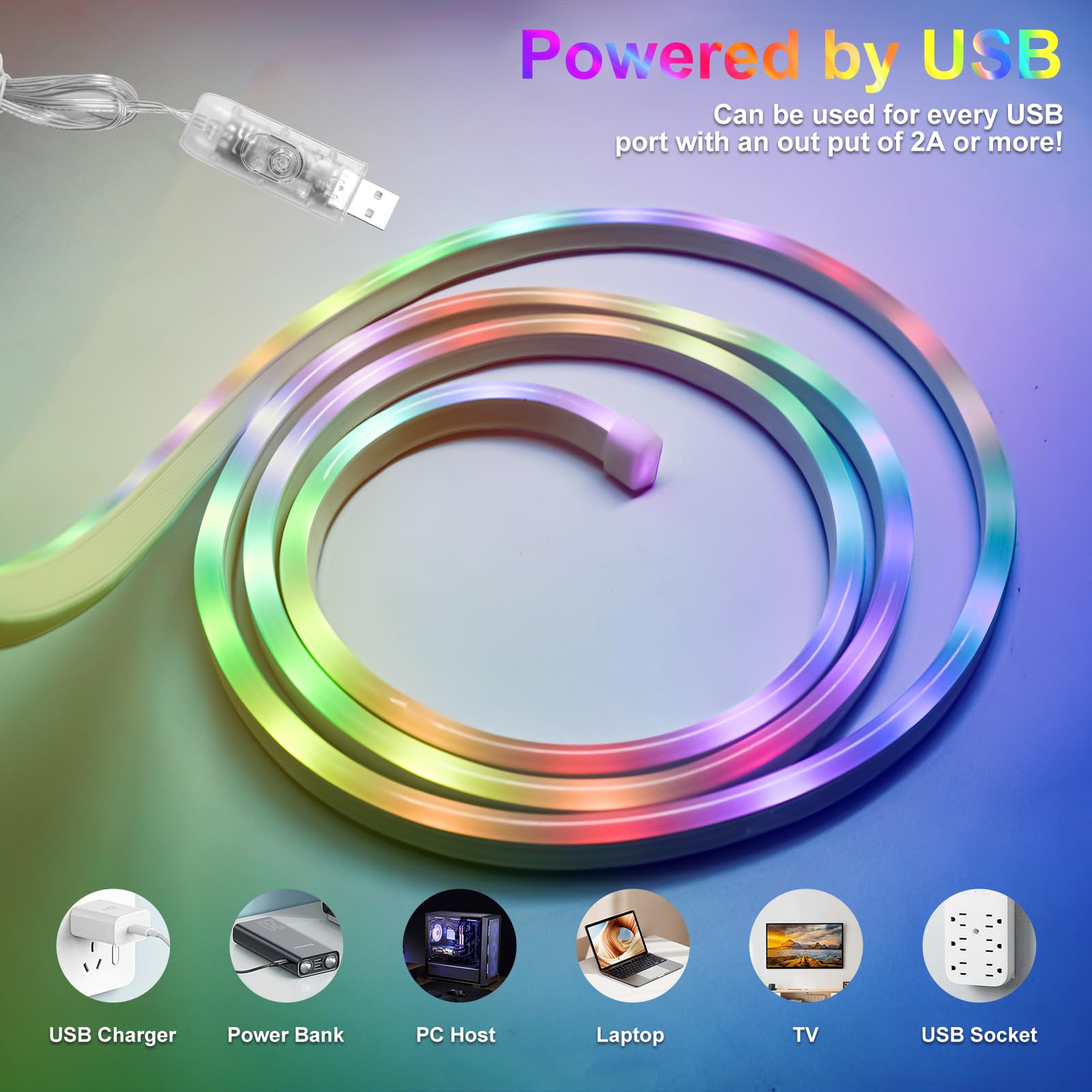 Fosingut Neon Rope Light 3M,5V USB RGB IC LED Strip Light Flex with APP&Remote Control,Waterproof Music Sync Color Chasing RGB LED Tape Light for Bedroom,Living Room,Gaming Room,Party Wall Decor - Image 4