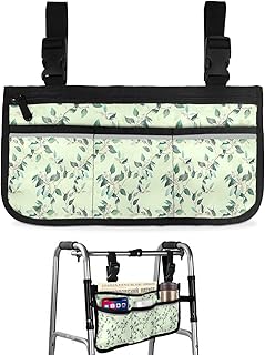 Green Tropical Leaves Wheelchair Side Bag Walker Bag, Summer Plants Light Green Wheelchair Accessories Armrest Pouch, Organizer Storage Bag for Walkers, Rollators, Scooters, 7.3'x13'