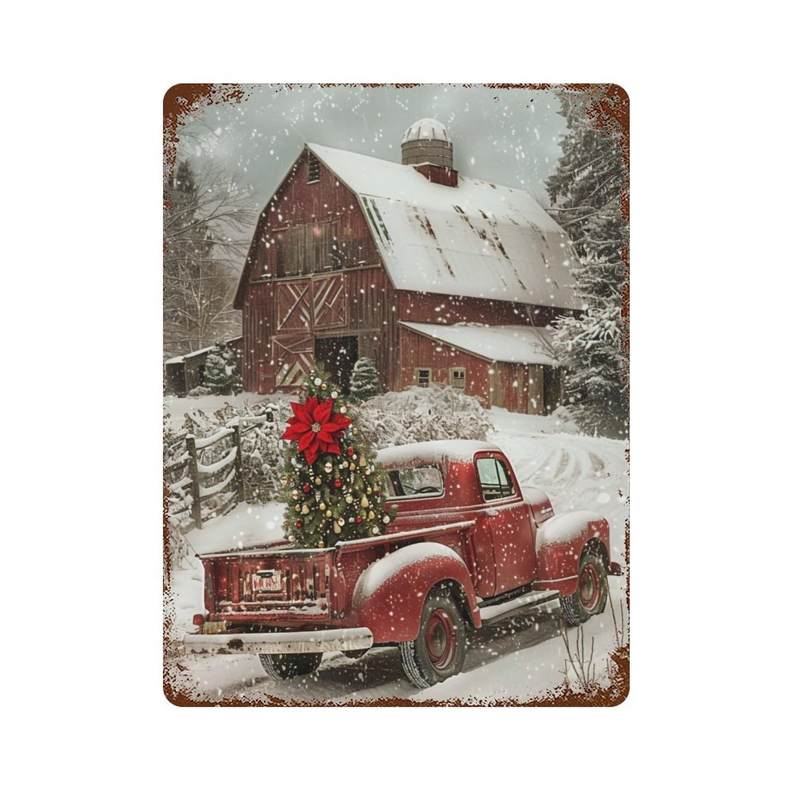 HDURYEYRYY Red Pickup Christmas Farm 03 Wall Retro Iron Vintage Art Metal Tin Sign Poster Modern Home Cofffee Club Art Bar Shop Decor Style 40x30cm