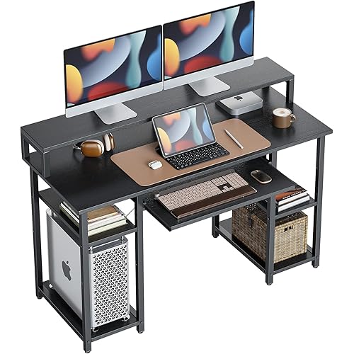 CubiCubi Computer Desk with Keyboard Tray, 47 Inch Office Desk with Monitor Stand and Storage Shelves, Music Studio Desk Workstation, Work Table for Home Office, Black