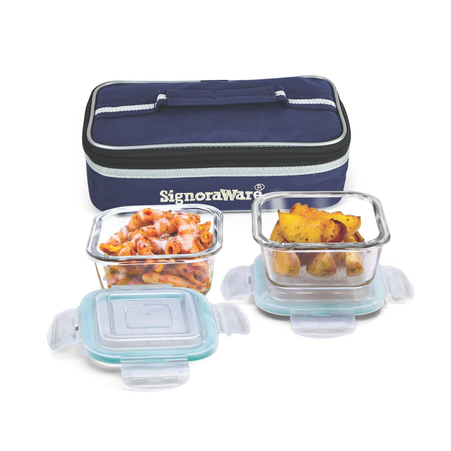 SignoraWare Midday High Microwave Safe Office Lunch Box Set with Bag | Borosilicate Glass | Safety Lock Airtight Tiffin Containers (Set of 2 – 320ml+320ml | Transparent)