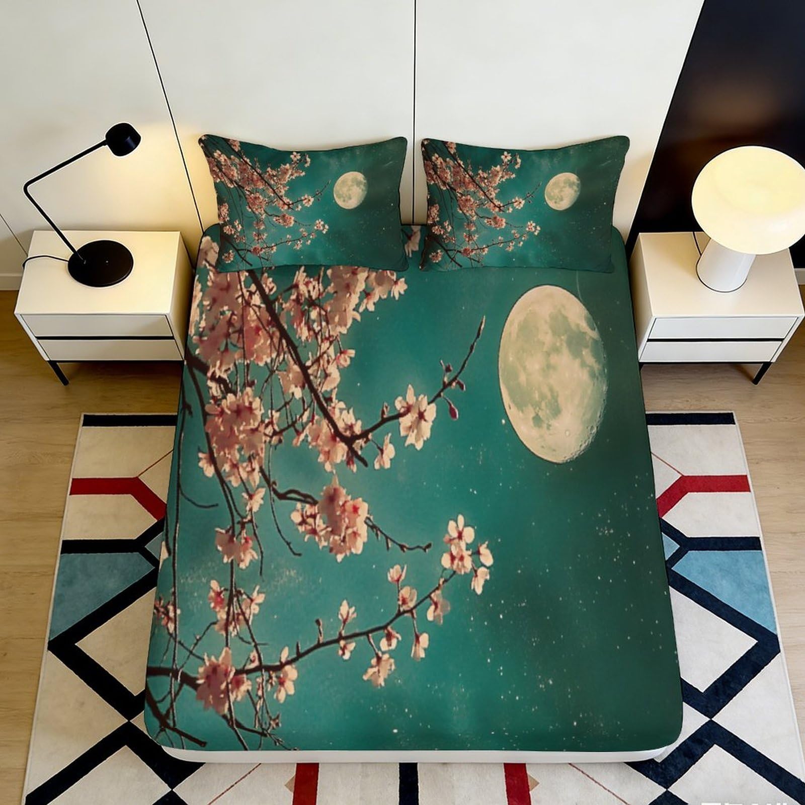 3D Printed Cherry Blossom Moon Fitted Sheet Microfiber Soft Breathable Night Sky Bed Cover for Bedroom Dormitory Guest Room Mattress Protection 160x200x25cm