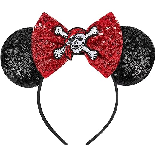 LYLIN Pirate Ears, Pirate Mouse Ears Headband with Sequin Bow for Kids Women, Sparkle Mouse Ears Hair Accessories for Birthday Parties Cosplay Accessories Party Decorations