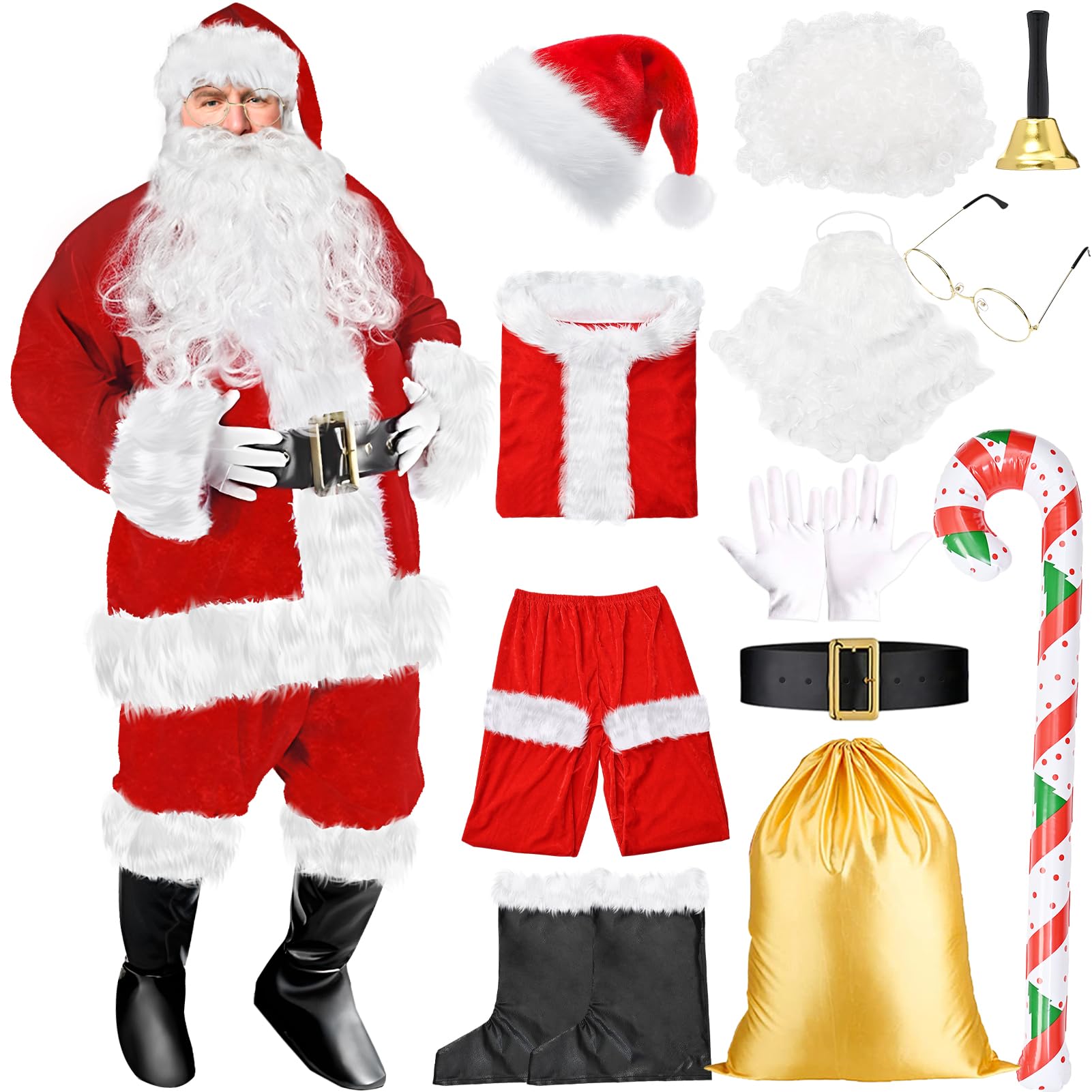 Meriviva Santa Claus Costume Adult Mens, Santa Outfit Suit with Santas Hat, Large Christmas Sacks and Christmas Costume Accessories Christmas Outfit for Fancy Dress Cosplay (Santa Suit 2, XXXL)