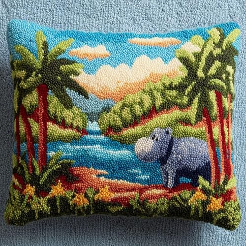 Henypt Latch Hook Cushion Kit 43x43cm,Hippopotamus and Tropical Rainforest Beginner Friendly Needlecraft Set,Adult Craft Hobby kit,Easy Latch Hook for Home Decor,