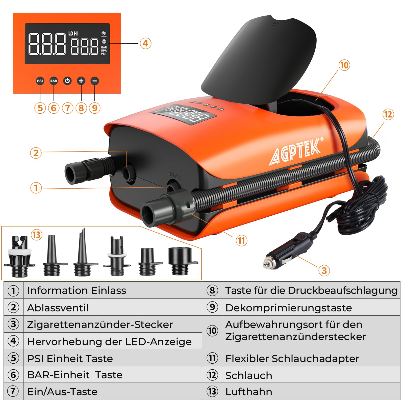 AGPTEK 22PSI SUP Pumpe Elektrisch, tragbare SUP Board Pumpe, Aufblas- und Entleerungsfunktion Auto-Off &12V DC Autoanschluss Zweistufig für aufblasbare Stand up Paddle Boards, Boote, Kajak