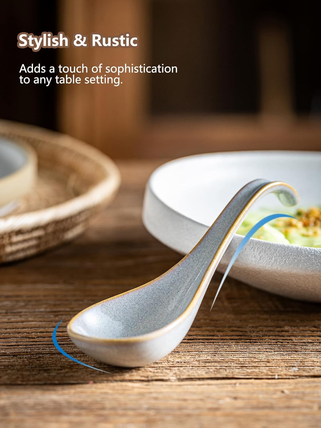 Gomakren Soup Spoons Set of 6, Asian Soup Ramen Spoons 6.5 Inch & Soup Bowl with Handle 39oz, Ramen Bowl with Lid