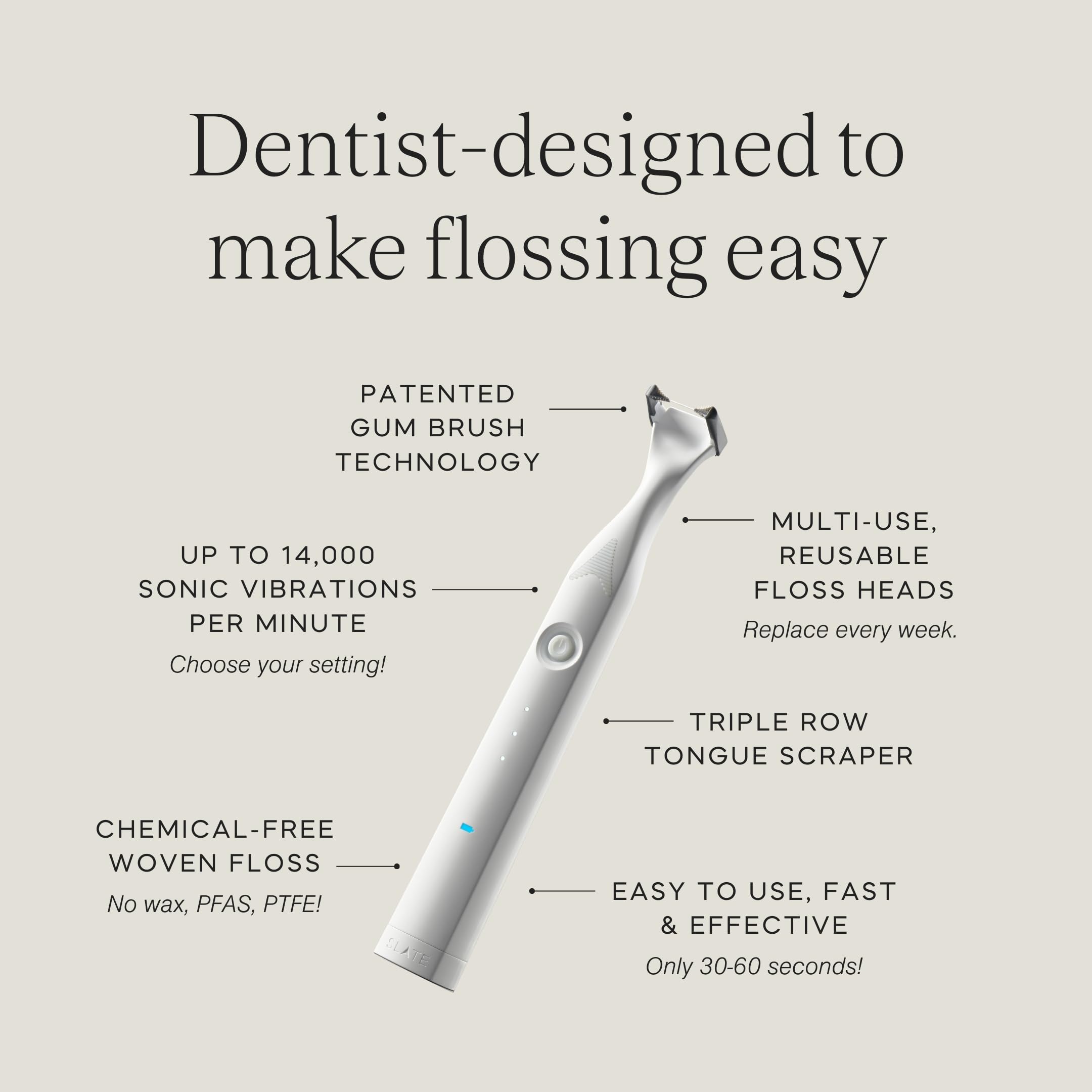 Slate Complete Clean Bundle - Filo interdentale elettrico ricaricabile, 2 mini filo interdentale + testine riutilizzabili | Sistema 3 in 1 inventato dal dentista | Atossico e privo di PFAS