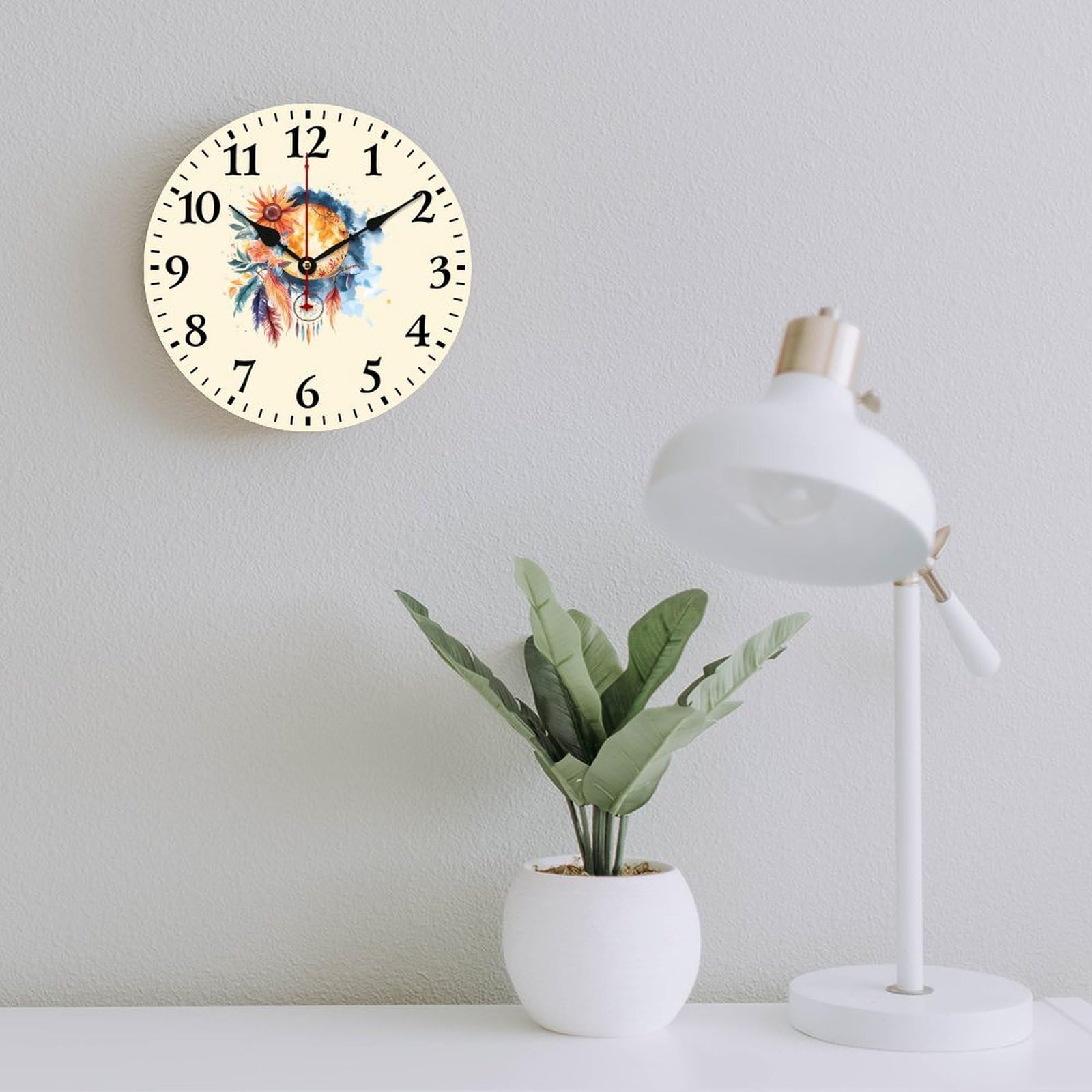 Traumfänger, Mond und Sonne, Holz-Wanduhr, nicht tickend, batteriebetrieben, für Büro, Wohnzimmer, Schlafzimmer, Küche