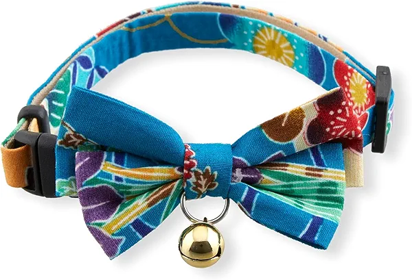 Yukata Bow Tie Cat Collar (Blue) with Bell Safety Breakaway Soft Lightweight for Cats Kitty Kitten Japanese Stylish Pattern, No.1 Seller in Japan