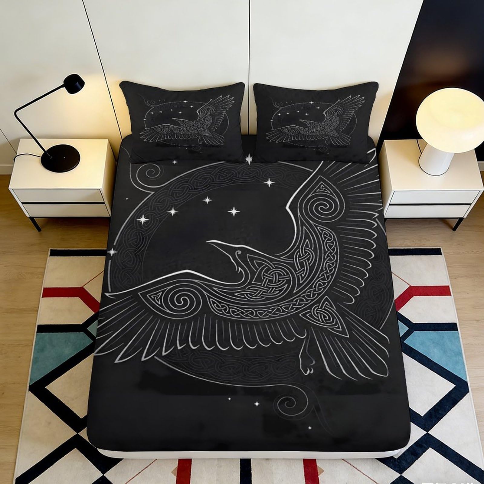 Pnayamiorkfel Style-2 3D Printed Celtic Raven Fitted Sheet Microfiber Soft Black Mattress Cover For Bedroom Decor Dorm Protection 90X200x25cm