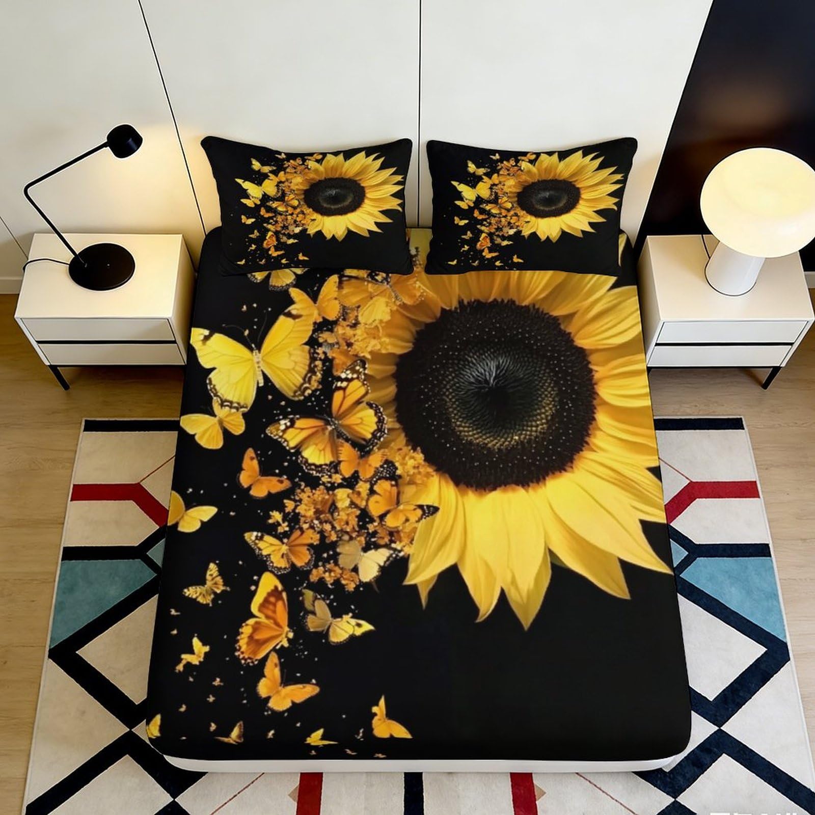 3D Printed Sunflower Butterfly Fitted Sheet Microfiber Soft Breathable Floral Bed Cover for Bedroom Dormitory Guest Room Mattress Protection 120x200x25cm