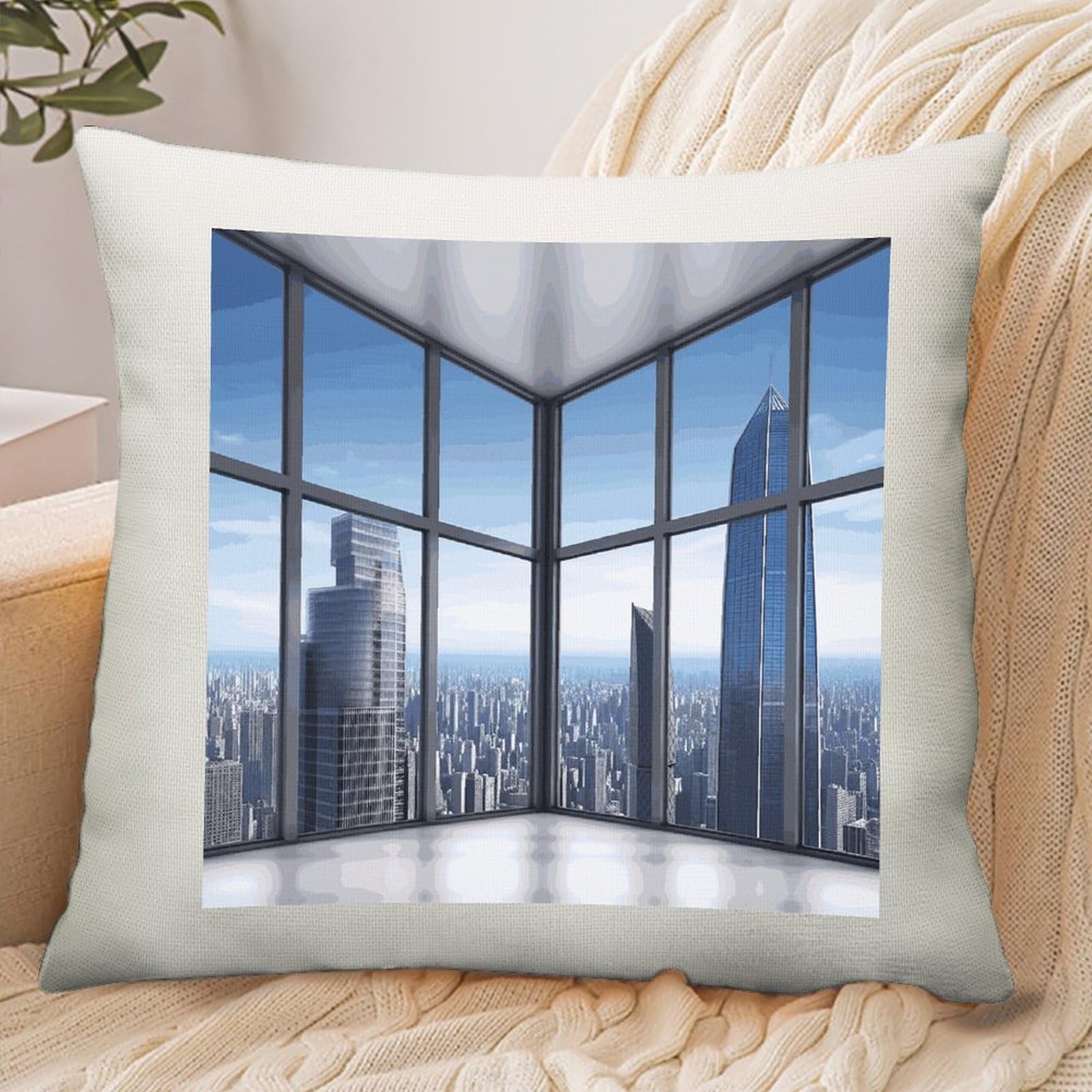 Adfgyerh Style Skyscraper Buildings Pillow Cover Breathable,Pillowcases Boho Decorative Envelope Closure,Throw Pillow Covers For Beach,Patio,Balcony,Couch Living Room 16 * 16In