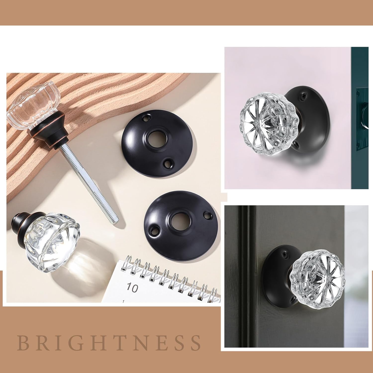 Amylove 1 Set Glass Door Knobs Antique Crystal Door Knobs Vintage Mortise Style Fluted Replacement Kit with 2-1/2 in Satin Brass Privacy for Bedroom Bathroom(Black)