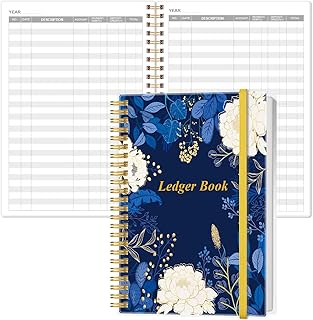 Ledger Book - A5 Accounting Ledger Book for Bookkeeping, Small Businesses & Personal Use, Expense Tracker Notebook for Tracking Money, Expenses, Deposits & Balance, 5.8" x 8.4", Blue Leaf Flower