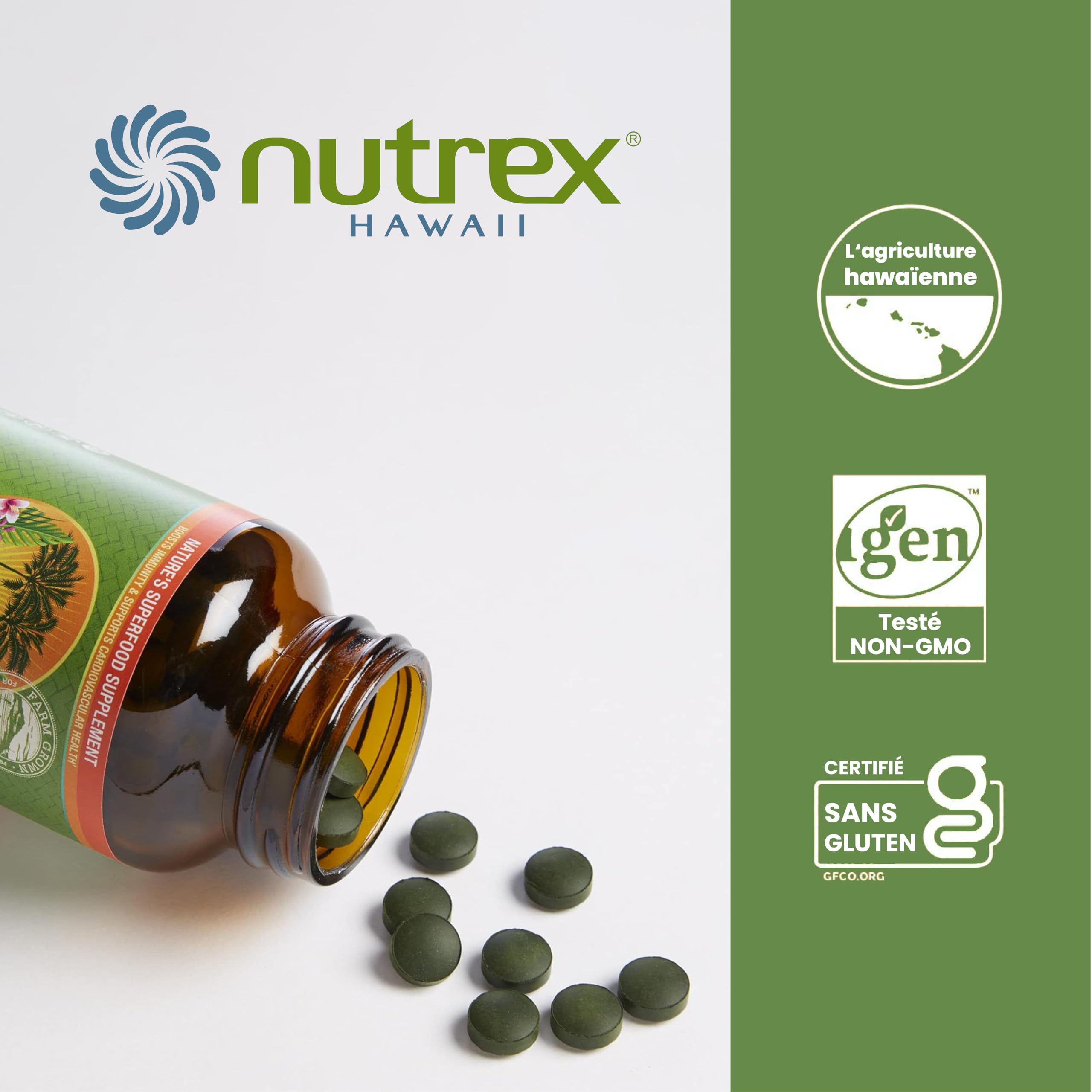 Nutrex Hawaii, Pure Hawaiian Spirulina, 500 mg, 200 Comprimés Végétaliens, Testés en Laboratoire, Sans Gluten, Sans Soja, Végétariens