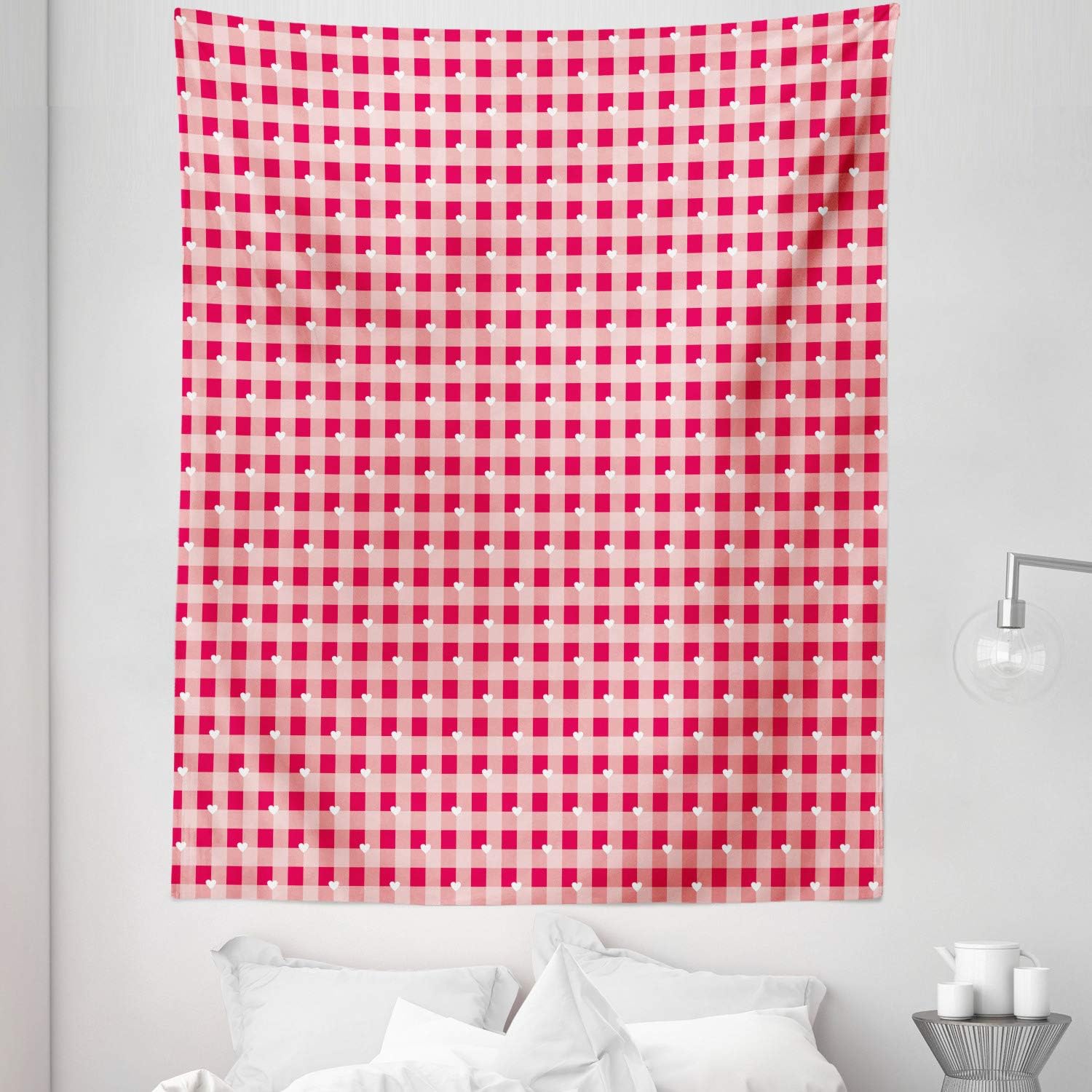 Lunarable Abstract Tapestry King Size, Heart Forms over Striped Backdrop Girls Love Valentines Image, Wall Hanging Bedspread Bed Cover Wall Decor, 30" X 45", Dark Coral Pale Pink
