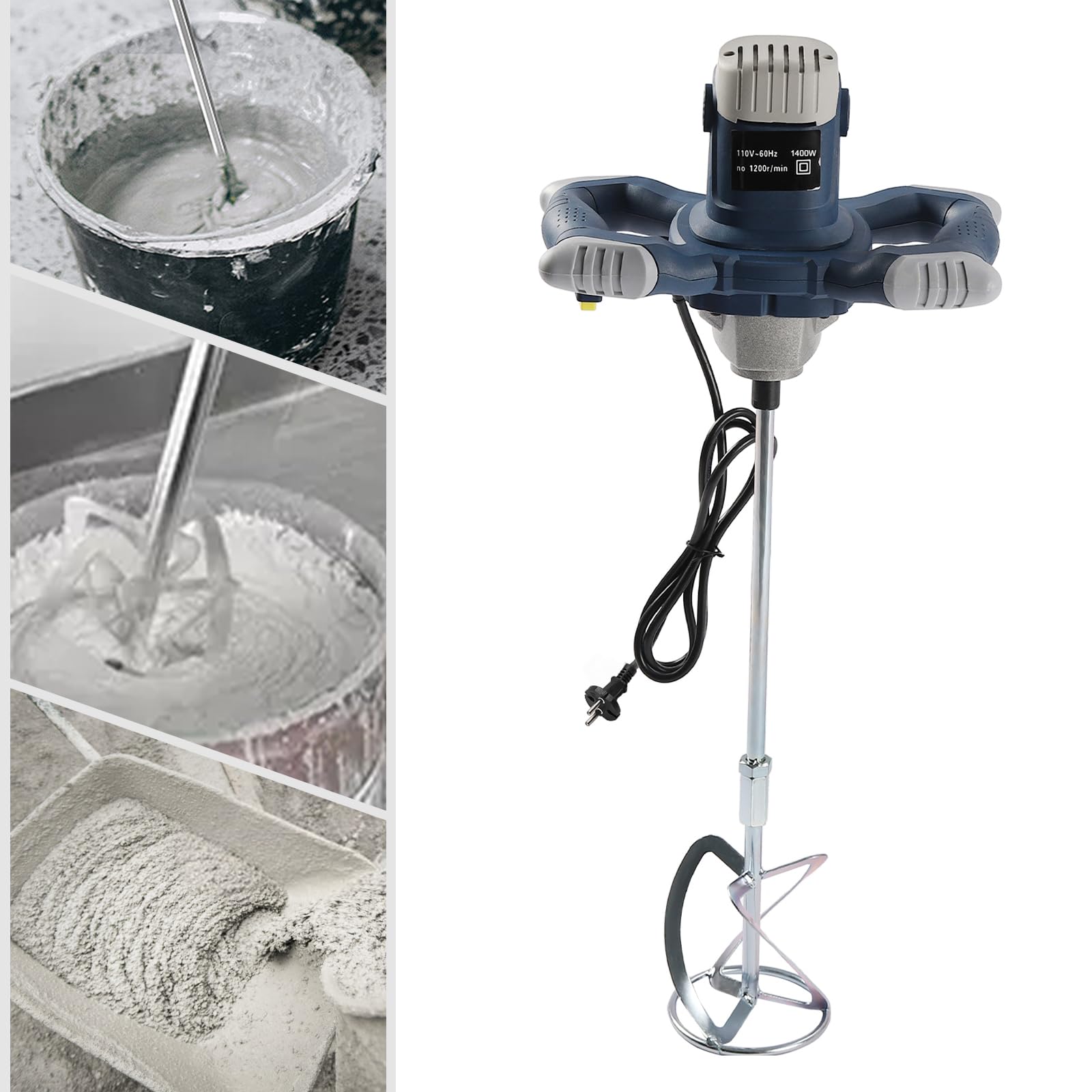 Agitador de hormigón de 1400 W, 6 velocidades, con barra en espiral de 60 cm, agitador manual de 0-1200 rpm para pintura, pegamento, migas, masilla y cemento